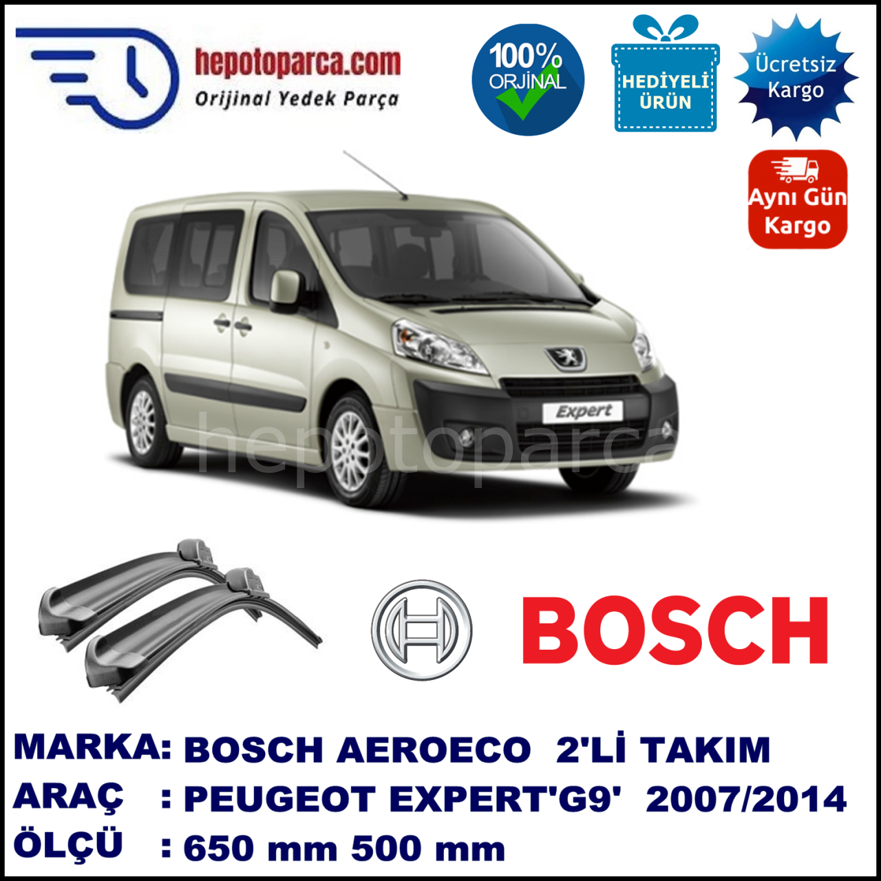 PEUGEOT Expert [G9] 02.2007-..., 650 / 500 mm. BOSCH AEROECO Aparatlı Muz Silecek