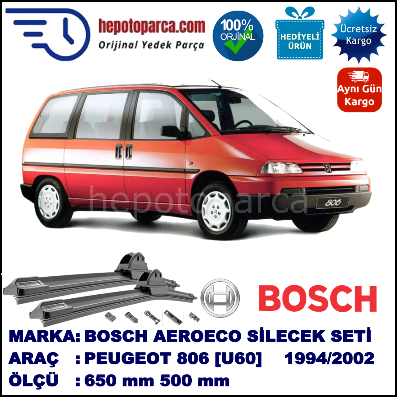 PEUGEOT 806 [U60] 06.1994-08.2002, 650 / 500 mm. BOSCH AEROECO Aparatlı Muz Silecek