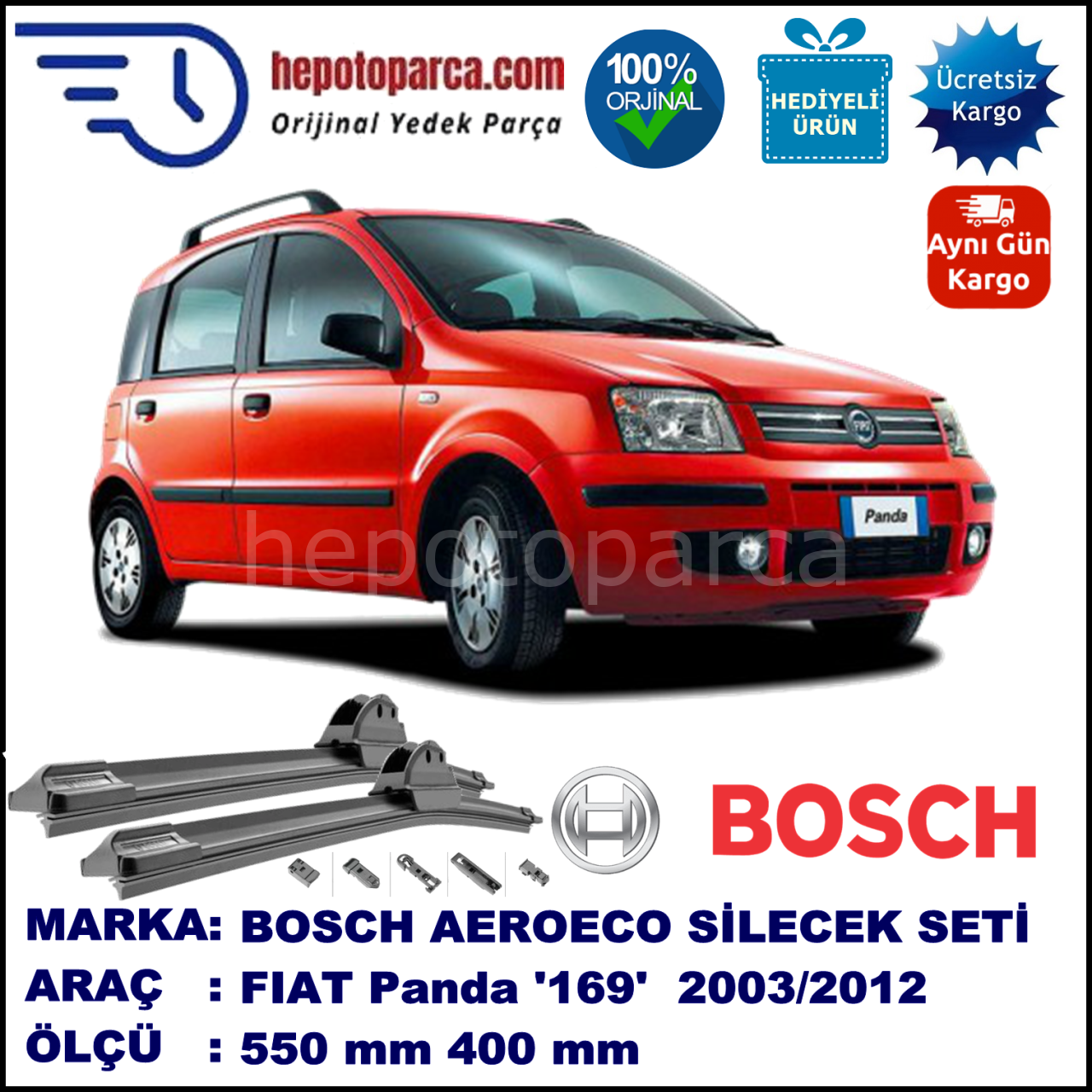 FIAT Panda [169..] 10.2003-12.2012, 550 / 400 mm. BOSCH AEROECO Aparatlı Muz Silecek