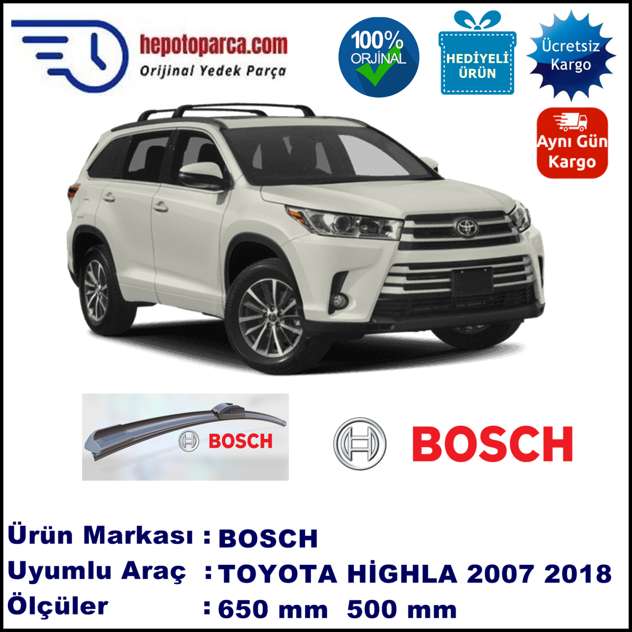 TOYOTA Highlander  09.2007-..., 650 / 500 mm. BOSCH AEROECO Aparatlı Muz Silecek