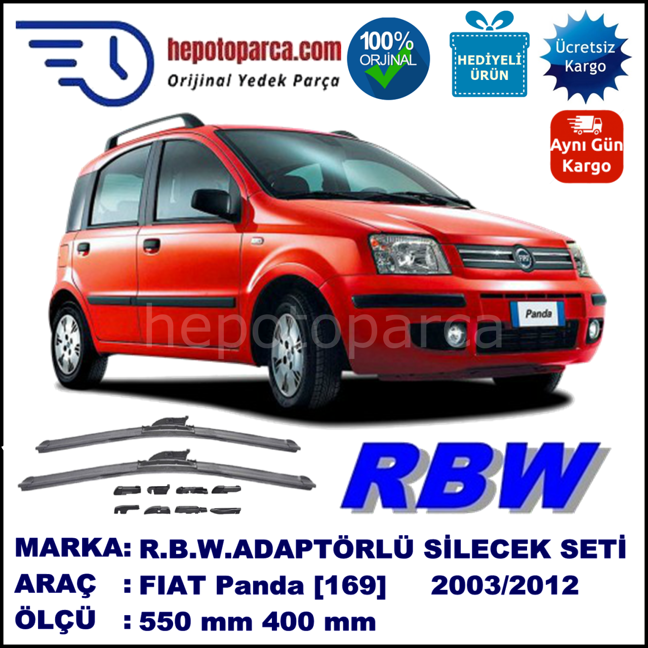 FIAT Panda [169..] 10.2003-12.2012, 550 / 400 mm.  RBW  ADAPTÖRLÜ MUZ SİLECEK SETİ