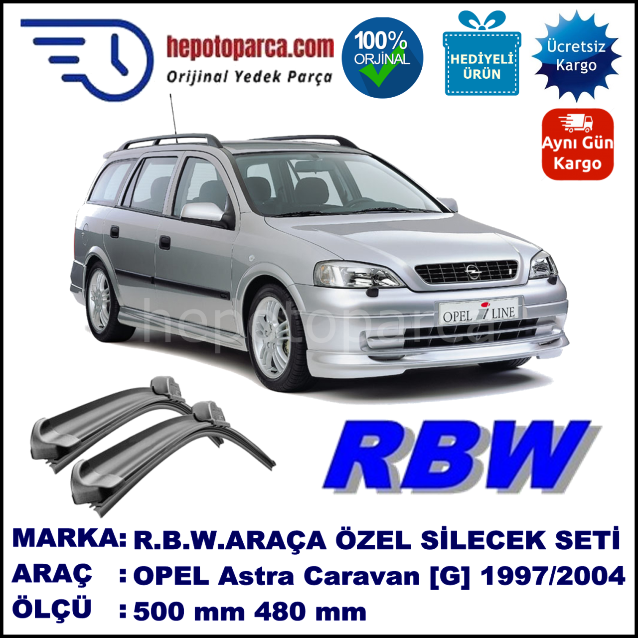 OPEL Astra Caravan [G] 09.97-06.04 500 / 480 mm. RBW Muz Silecek Seti  2'li Takım. U Kanca Uyumludur.