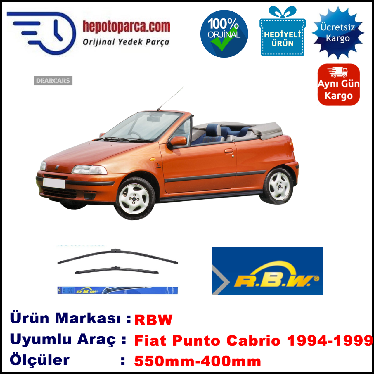 FIAT Punto Cabrio [176..] 04.1994-08.1999, 550 / 400 mm.  RBW  ADAPTÖRLÜ MUZ SİLECEK SETİ