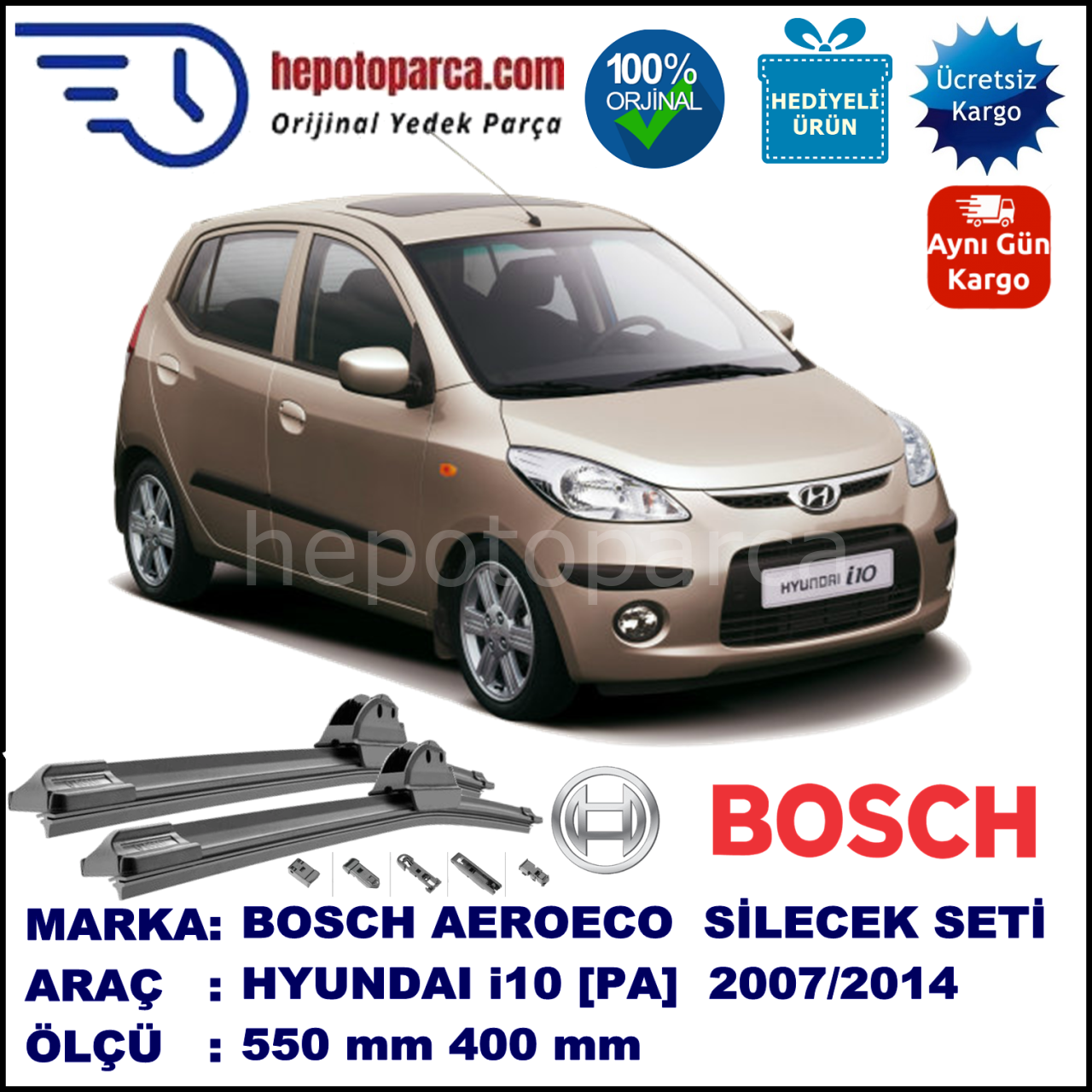 HYUNDAI i10 [PA] 10.2007-..., 550 / 400 mm. BOSCH AEROECO Aparatlı Muz Silecek