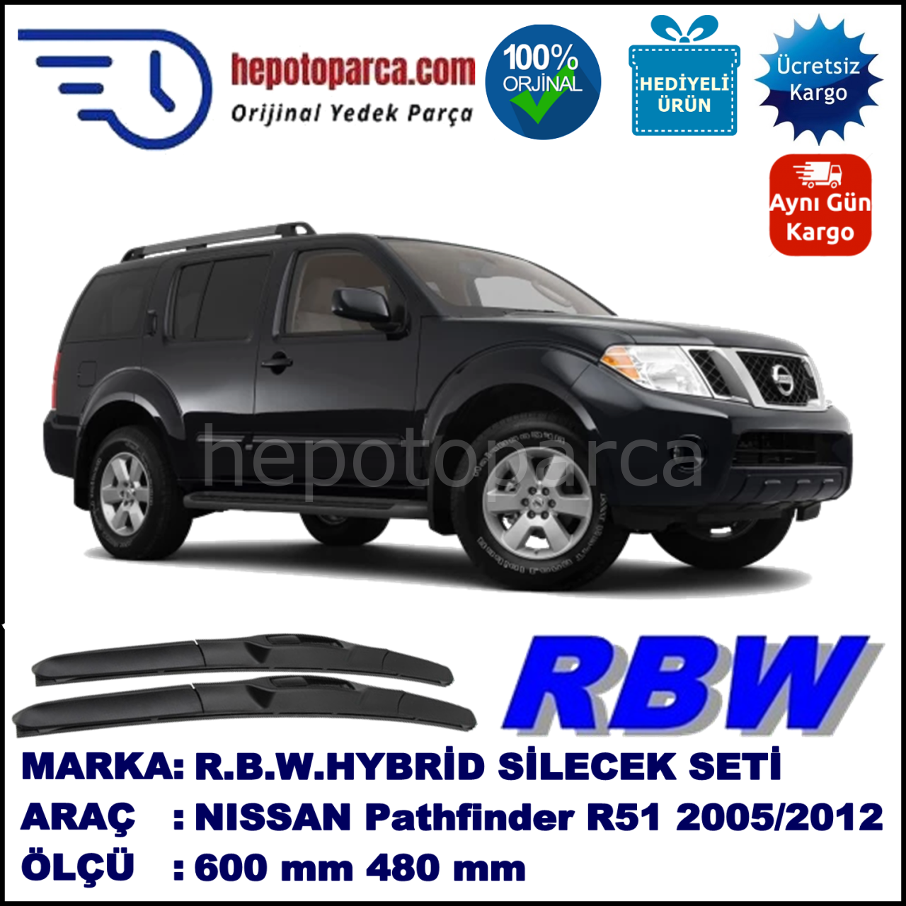 NISSAN Pathfinder [R51] 01.05-... 600 / 480 mm. RBW Hybrid Silecek Seti. U Kanca Uyumlu Hibrit