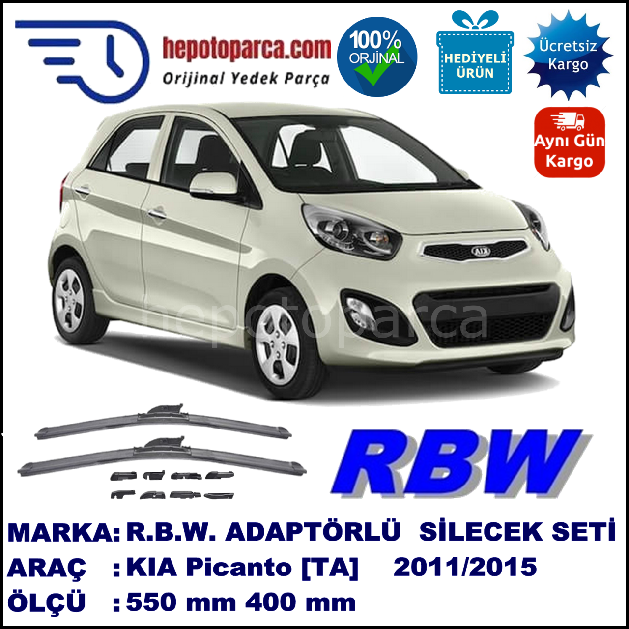 KIA Picanto [TA] 05.2011-..., 550 / 400 mm.  RBW  ADAPTÖRLÜ MUZ SİLECEK SETİ