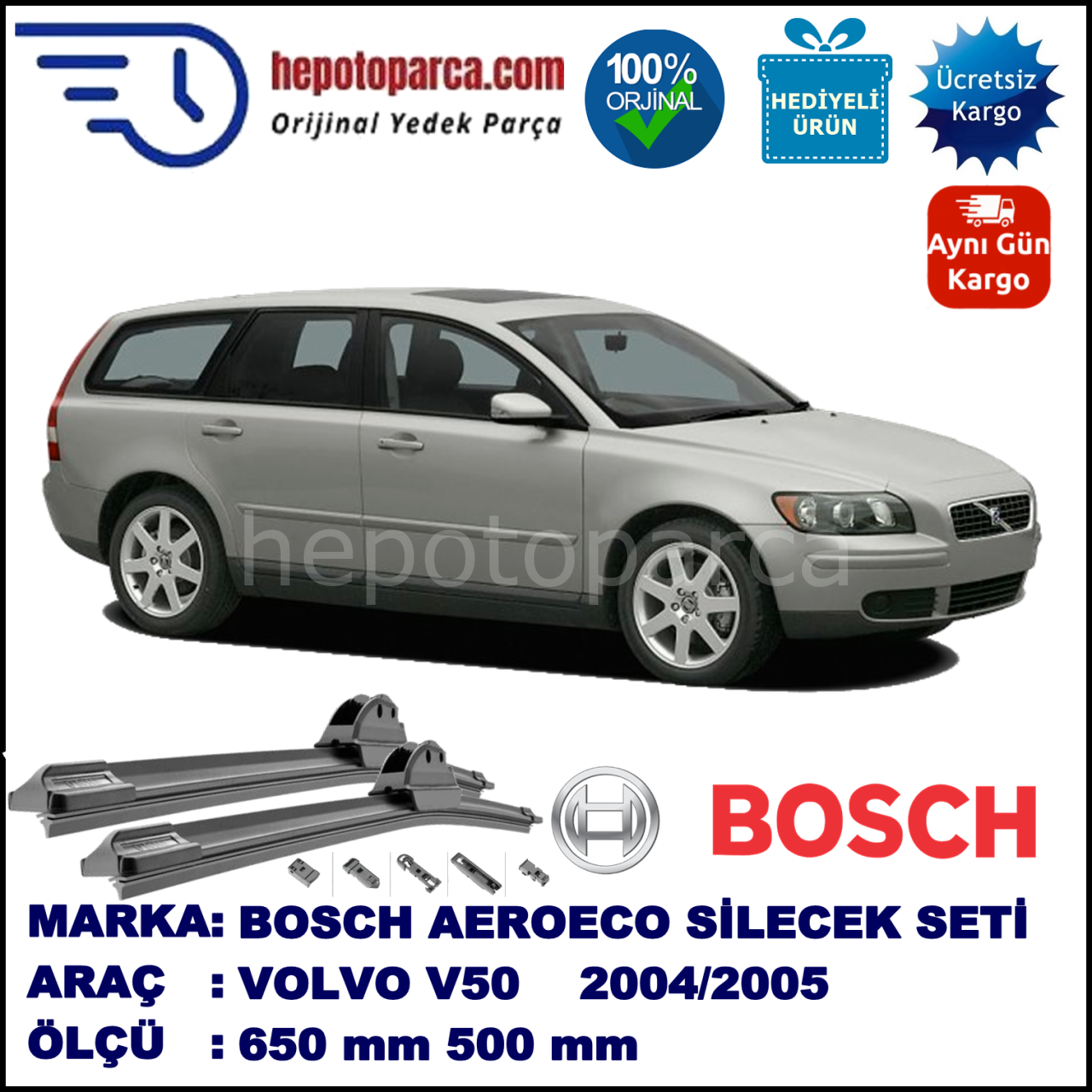VOLVO V50  04.2004-07.2005, 650 / 500 mm. BOSCH AEROECO Aparatlı Muz Silecek