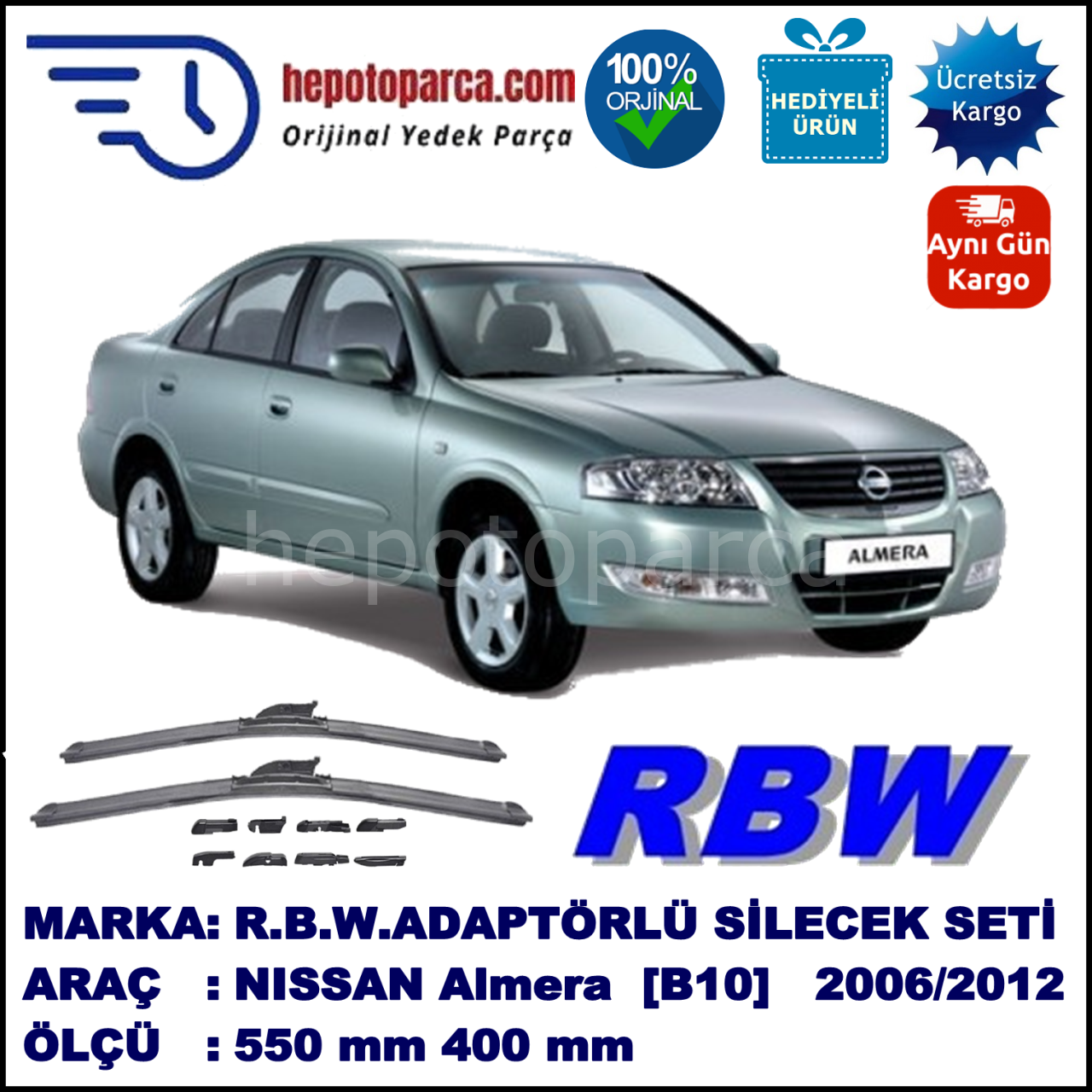 NISSAN Almera (Classic) [B10] 01.2006-..., 550 / 400 mm.  RBW  ADAPTÖRLÜ MUZ SİLECEK SETİ