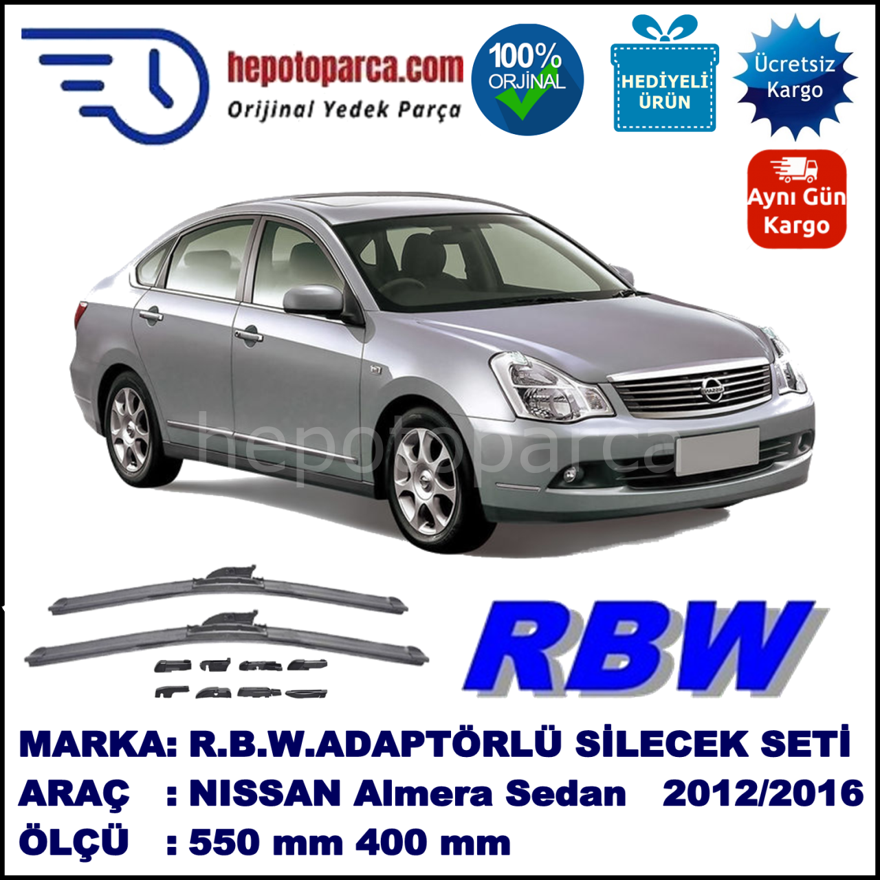 NISSAN Almera [G15RA] 11.2012-..., 550 / 400 mm.  RBW  ADAPTÖRLÜ MUZ SİLECEK SETİ