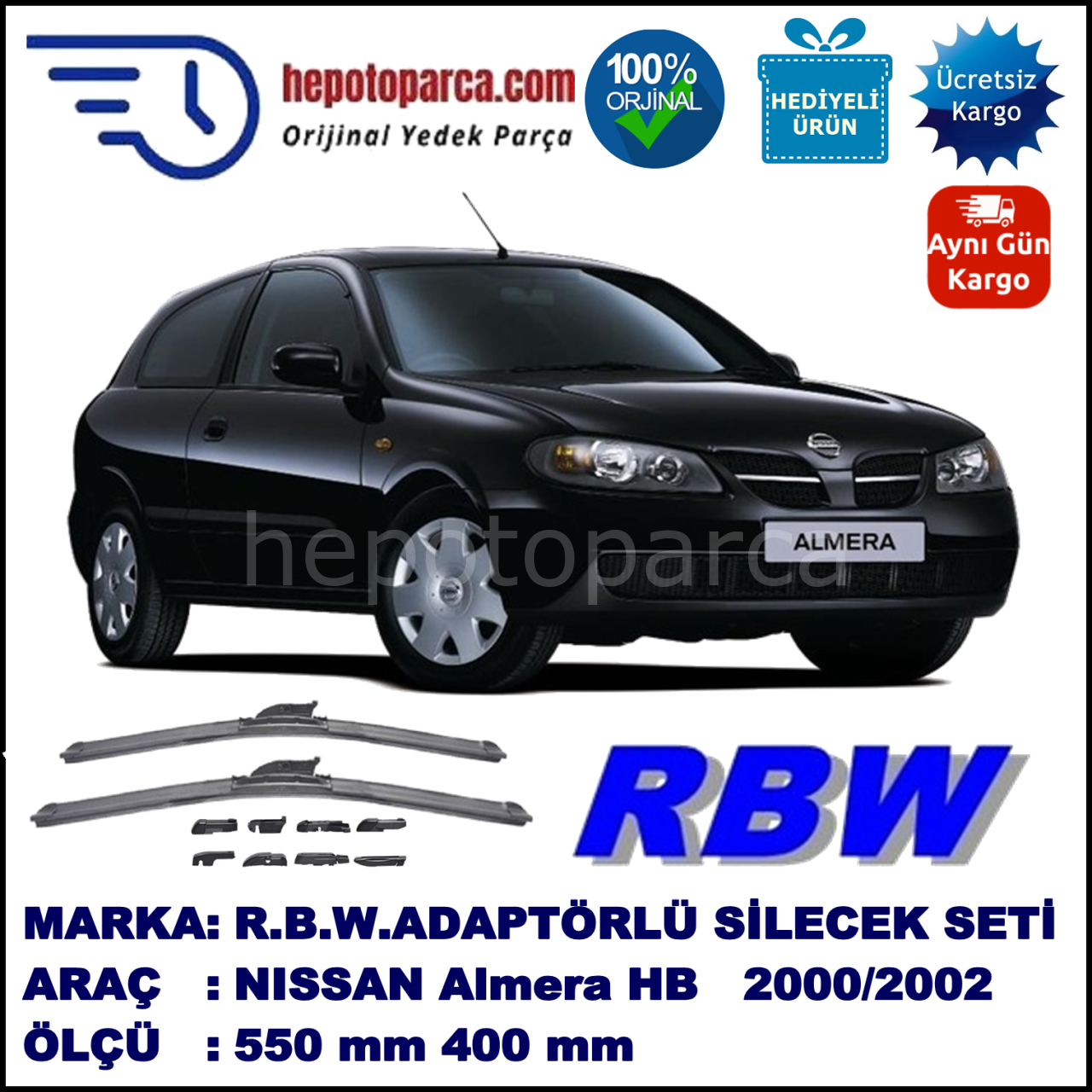 NISSAN Almera Hatchback [N16E] 01.2000-09.2002, 550 / 400 mm.  RBW  ADAPTÖRLÜ MUZ SİLECEK SETİ