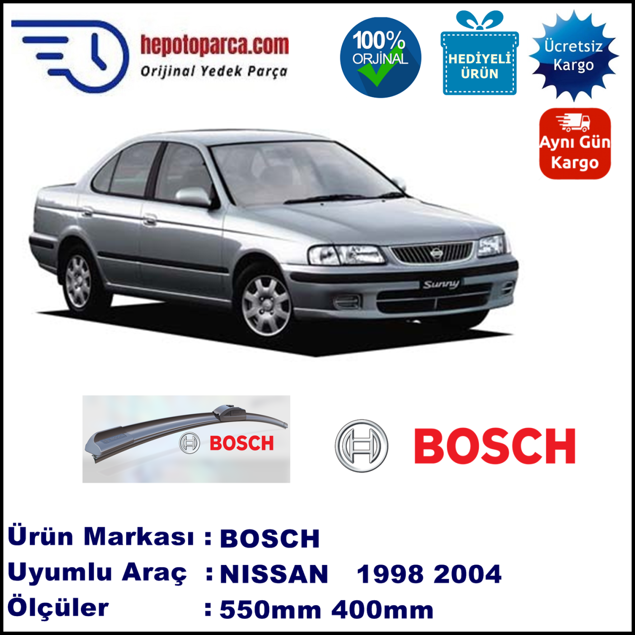 NISSAN Sunny  10.1998-10.2004, 550 / 400 mm. BOSCH AEROECO Aparatlı Muz Silecek