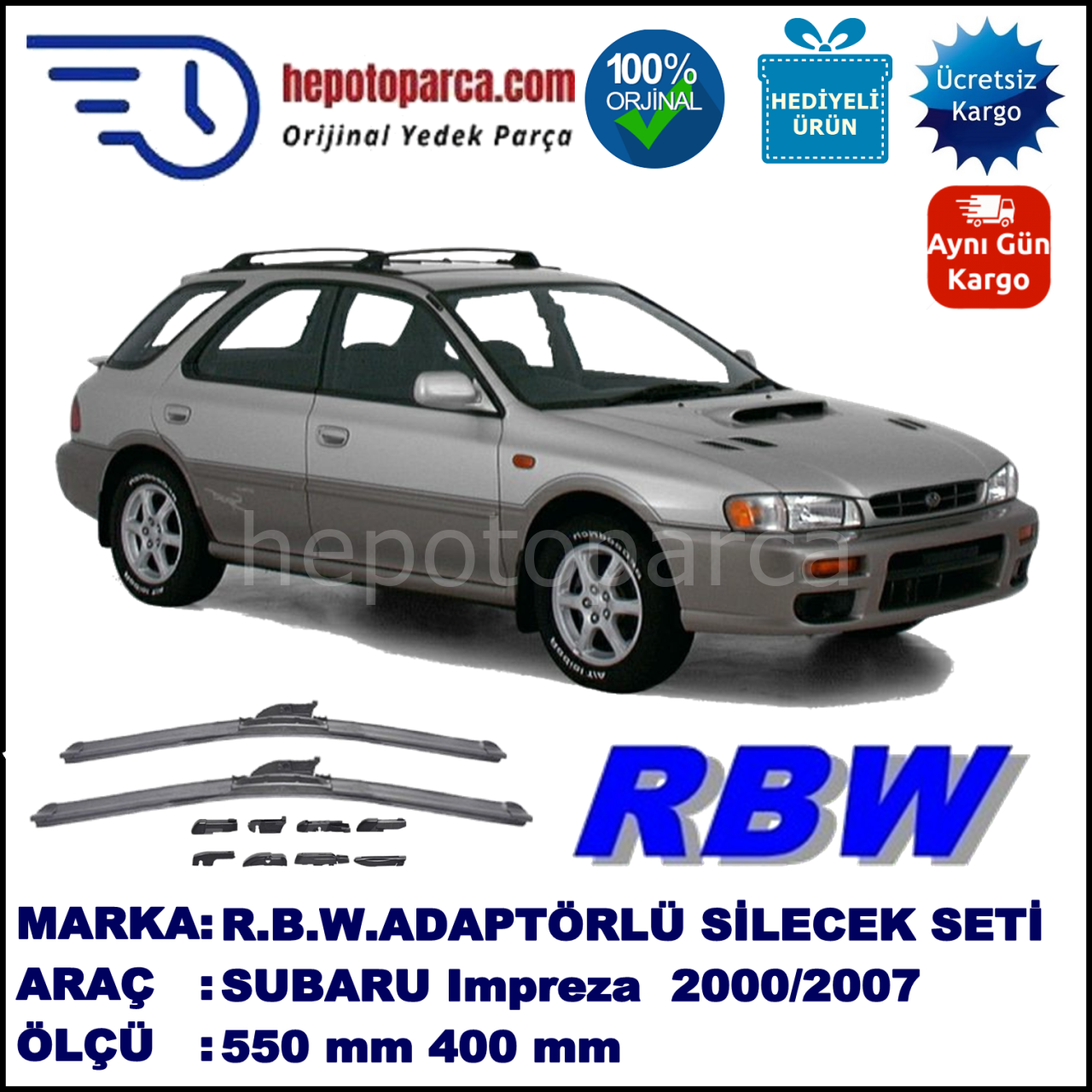 SUBARU Impreza Outback [GD, GG] 10.2000-06.2007, 550 / 400 mm.  RBW  ADAPTÖRLÜ MUZ SİLECEK SETİ