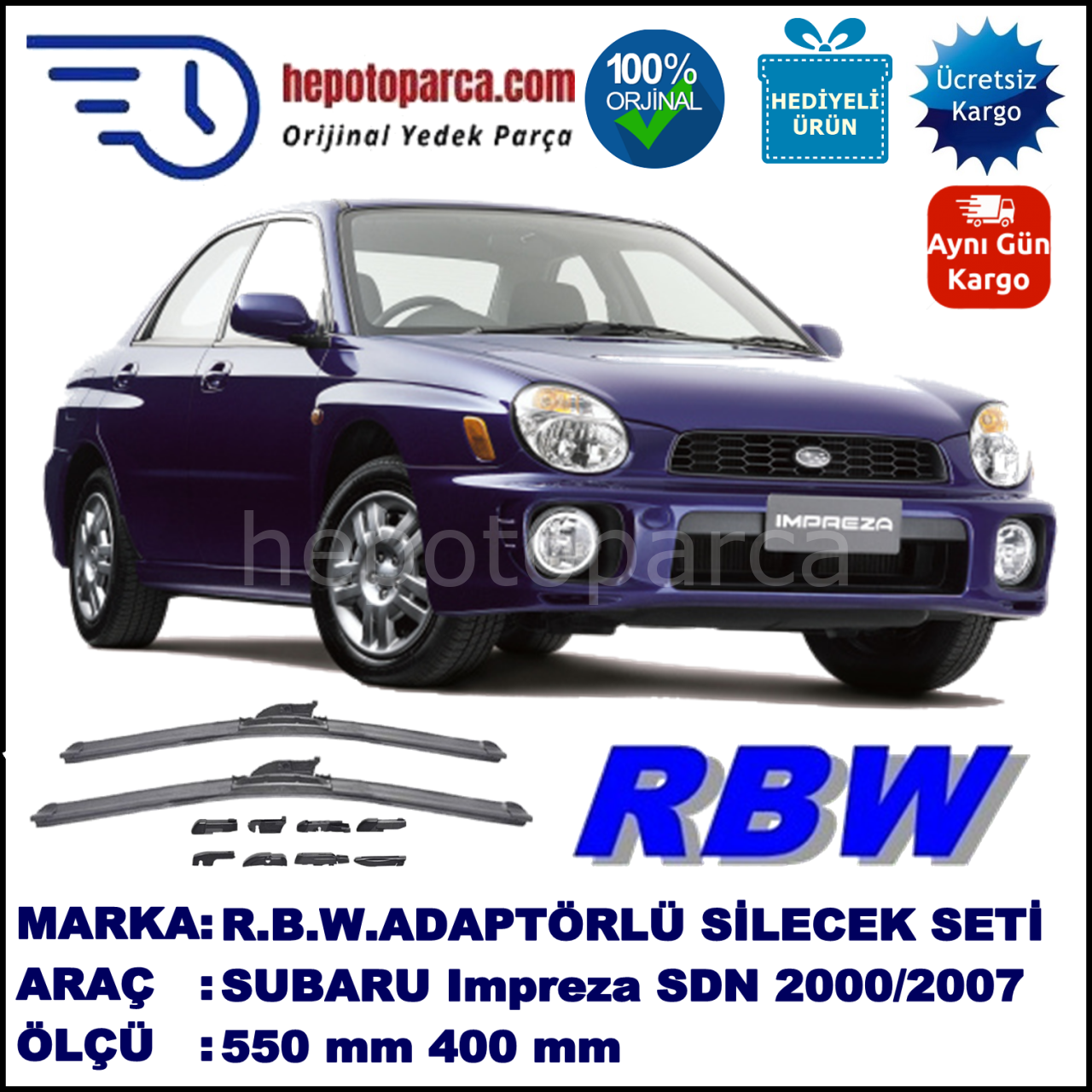 SUBARU Impreza Sedan [GD, GG] 10.2000-06.2007, 550 / 400 mm.  RBW  ADAPTÖRLÜ MUZ SİLECEK SETİ
