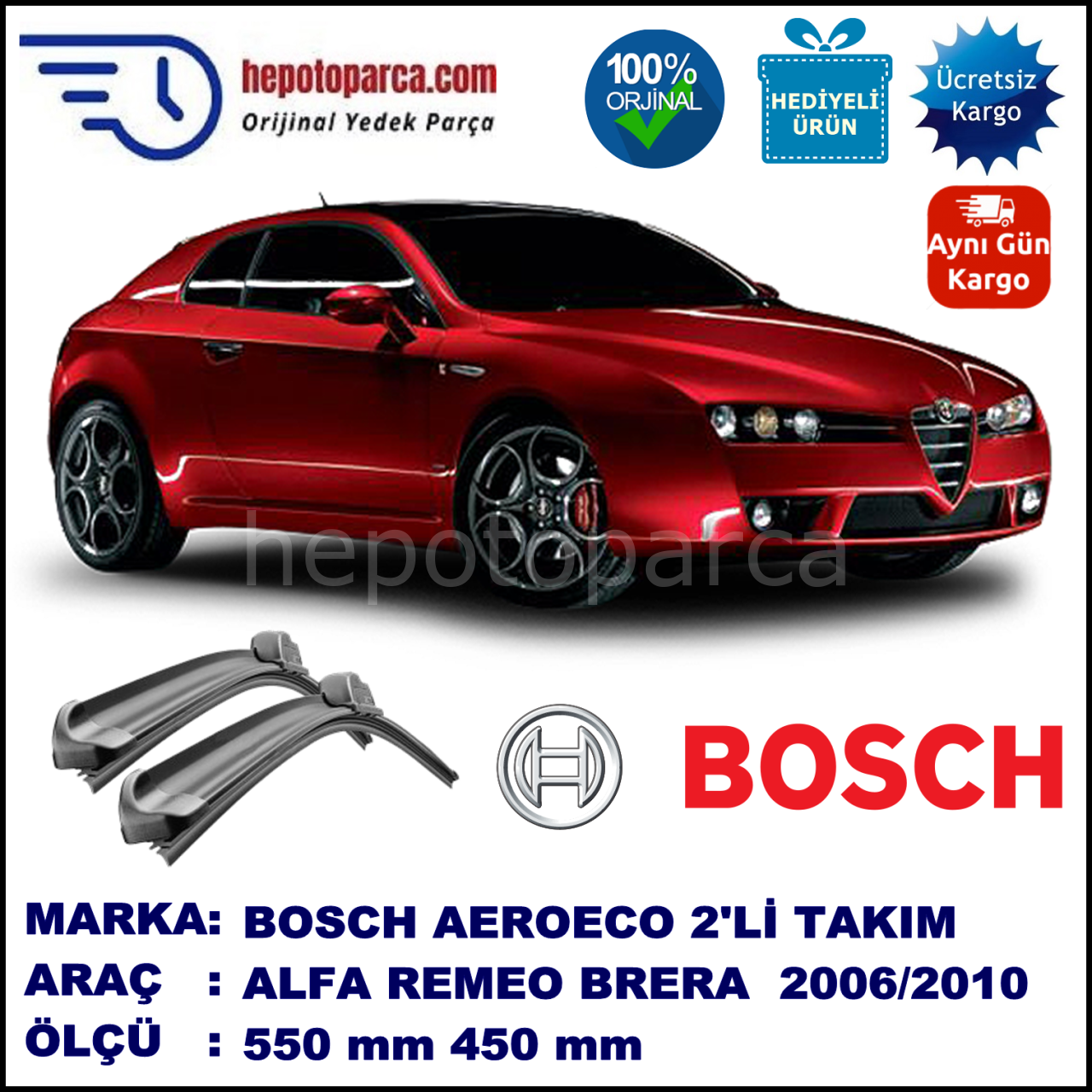 ALFA ROMEO Brera [939] 01.2006-12.2010 , 550 / 450 mm. BOSCH AEROECO Aparatlı Muz Silecek