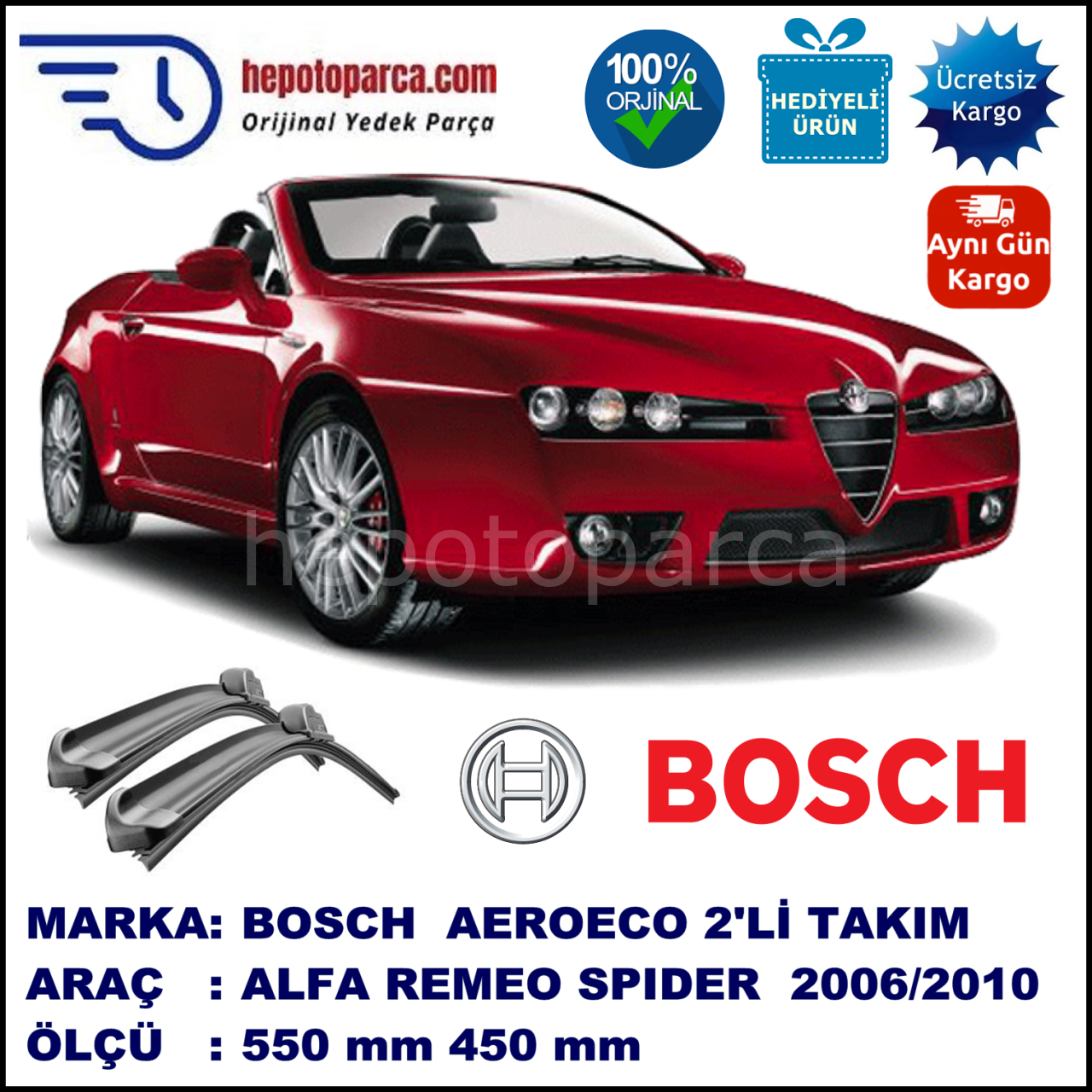 ALFA ROMEO Spider [939] 03.2006-12.2010, 550 / 450 mm. BOSCH AEROECO Aparatlı Muz Silecek