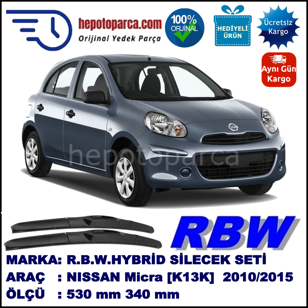 NISSAN Micra [K13K] 07.10-... 530 / 340 mm. RBW Hybrid Silecek Seti. U Kanca Uyumlu Hibrit