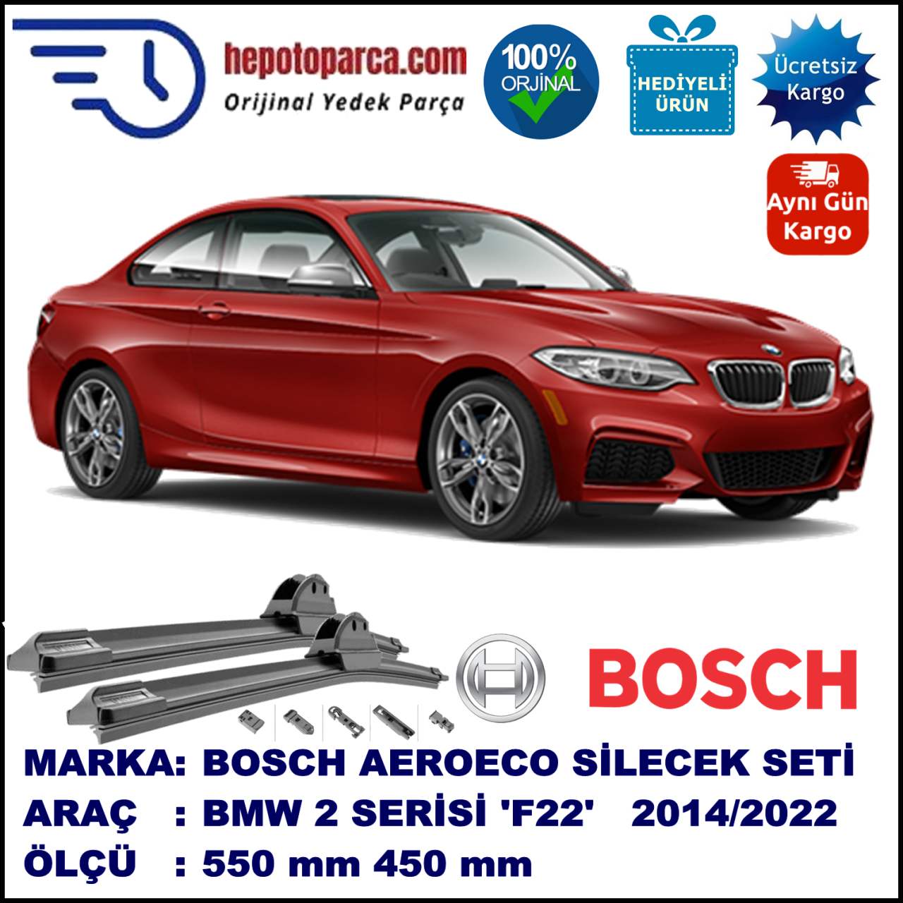 BMW Serie 2  [F 22] 03.2014-..., 550 / 450 mm. BOSCH AEROECO Aparatlı Muz Silecek
