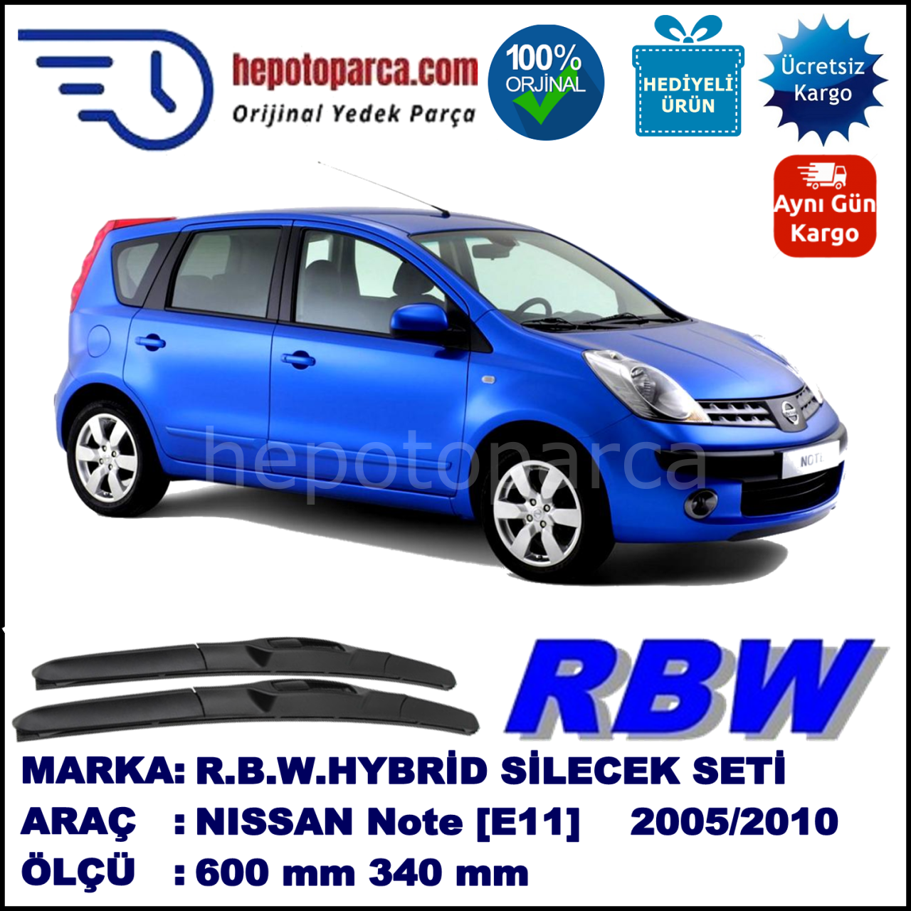 NISSAN Note [E11; E11E] 01.05-... 600 / 340 mm. RBW Hybrid Silecek Seti. U Kanca Uyumlu Hibrit
