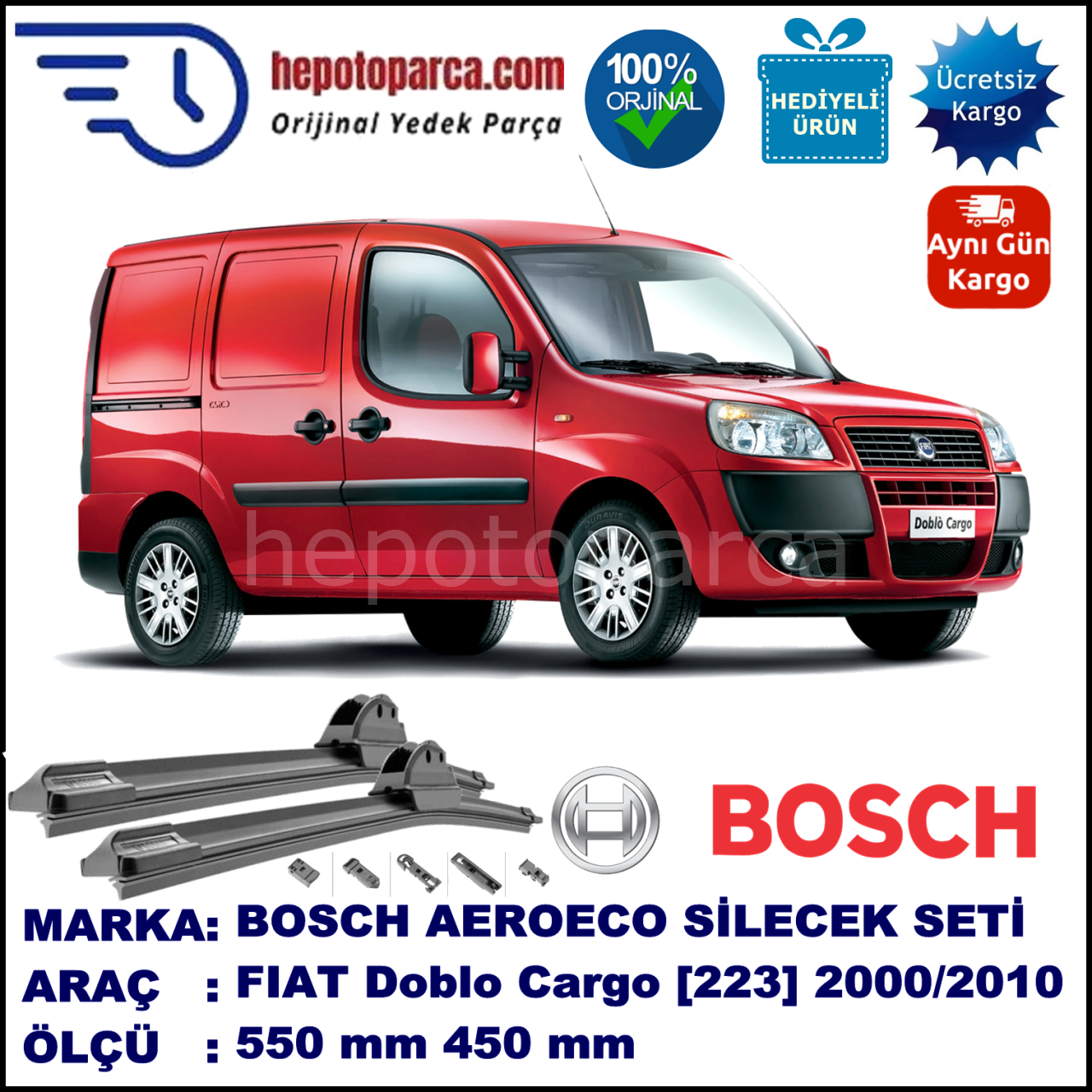 FIAT Doblo Cargo [223..] 07.2000-12.2010, 550 / 450 mm. BOSCH AEROECO Aparatlı Muz Silecek