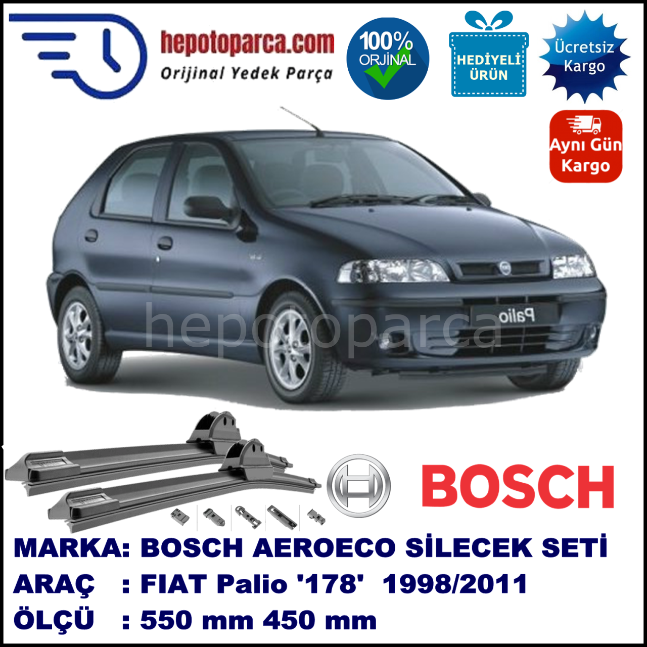 FIAT Palio [178..] 03.1998-..., 550 / 450 mm. BOSCH AEROECO Aparatlı Muz Silecek