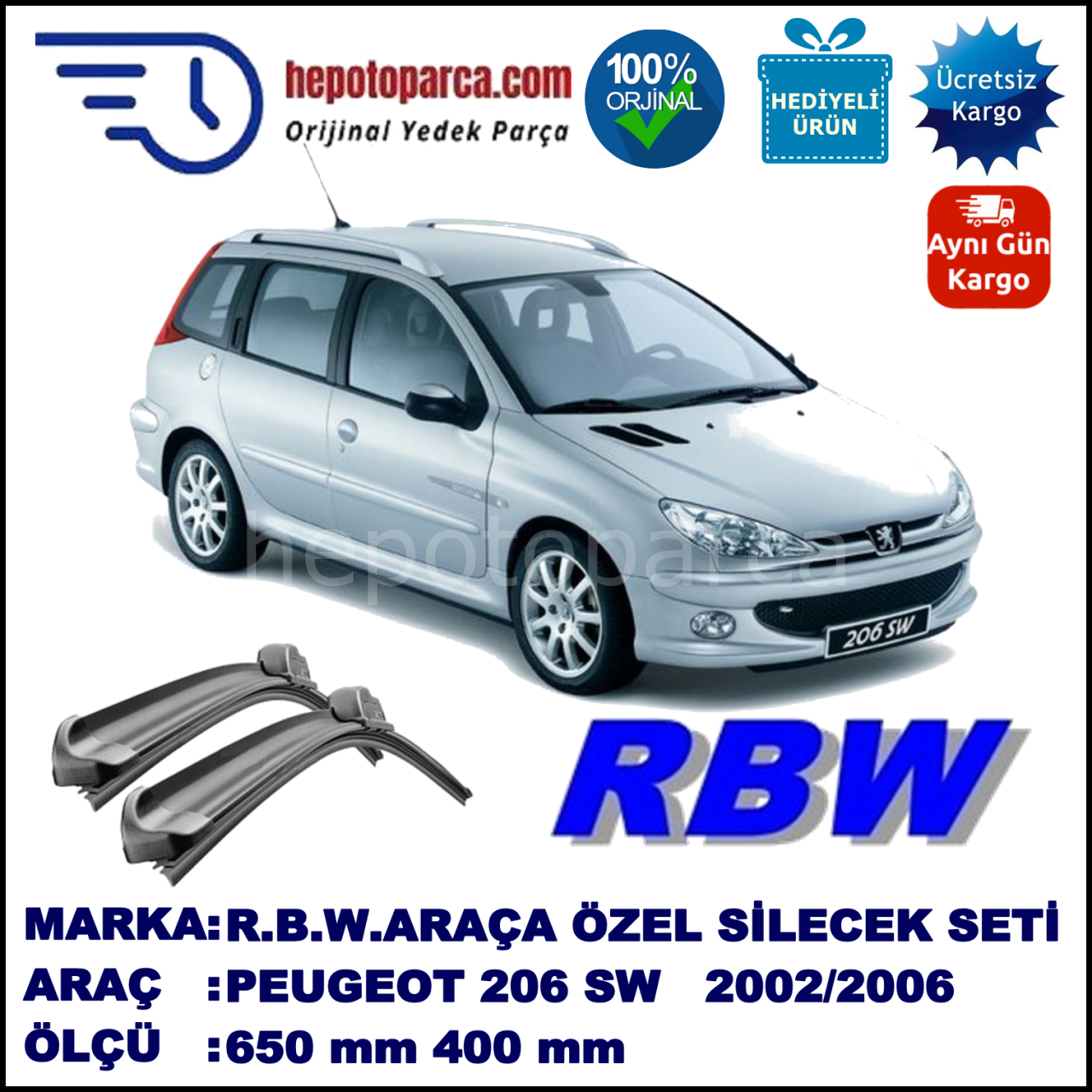 PEUGEOT 206 SW [T1] 03.02-12.06 650 / 400 mm. RBW Muz Silecek Seti  2'li Takım. U Kanca Uyumludur.