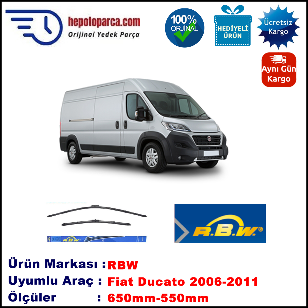 FIAT Ducato [250; 251] 06.2006-..., 650 / 550 mm.  RBW  ADAPTÖRLÜ MUZ SİLECEK SETİ