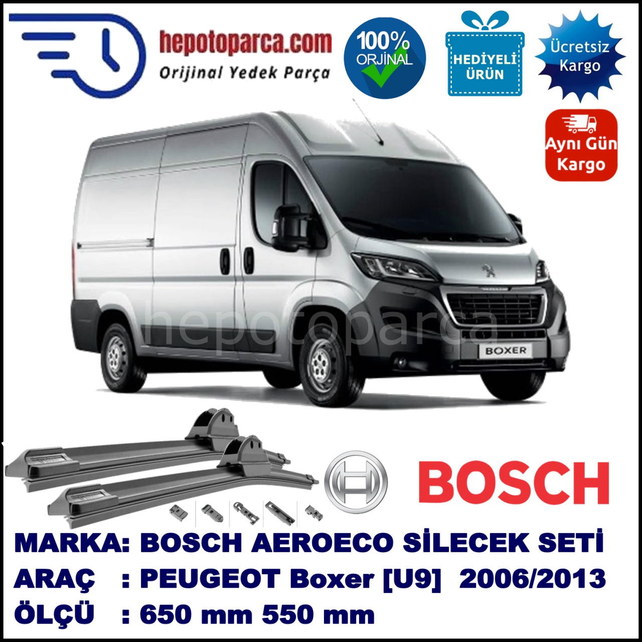 PEUGEOT Boxer [U9] 06.2006-..., 650 / 550 mm. BOSCH AEROECO Aparatlı Muz Silecek