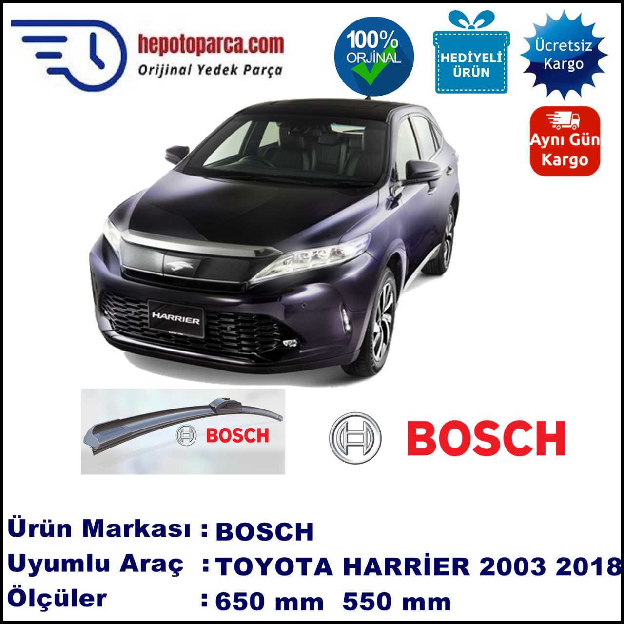 TOYOTA Harrier  10.2003-..., 650 / 550 mm. BOSCH AEROECO Aparatlı Muz Silecek