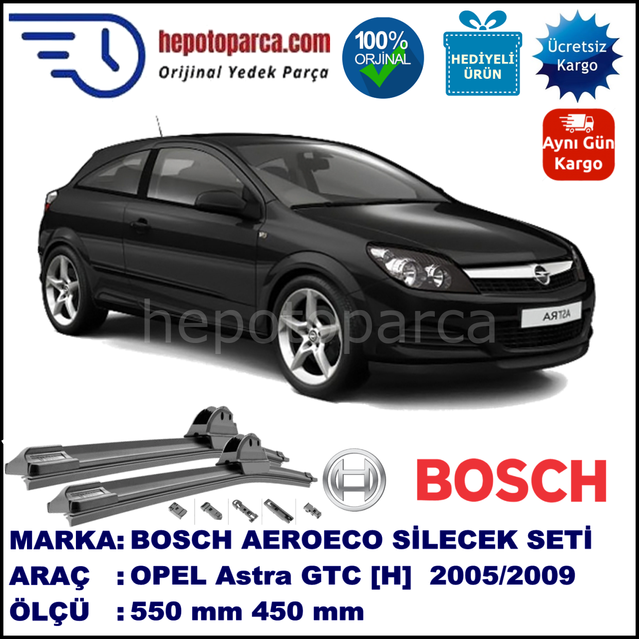 OPEL Astra GTC [H] 03.2005-09.2009, 550 / 450 mm. BOSCH AEROECO Aparatlı Muz Silecek