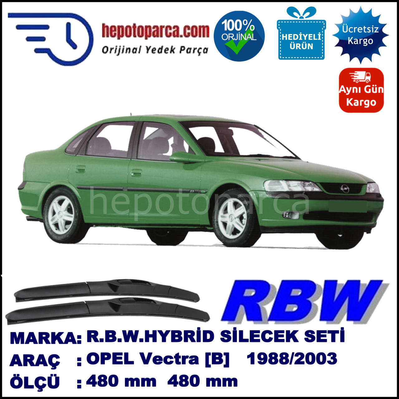 OPEL Vectra [B] 09.95-09.03 480 / 480 mm. RBW Hybrid Silecek Seti. U Kanca Uyumlu Hibrit