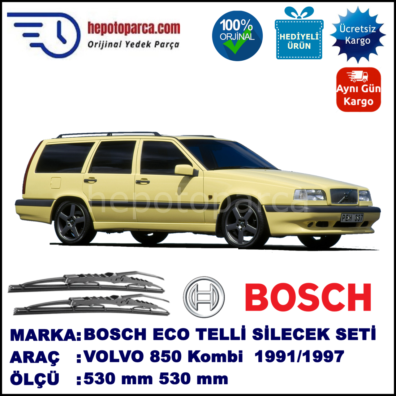 VOLVO 850 Kombi  09.91-07.97 530 / 530 mm. BOSCH ECO Telli Silecek 2'li Takım