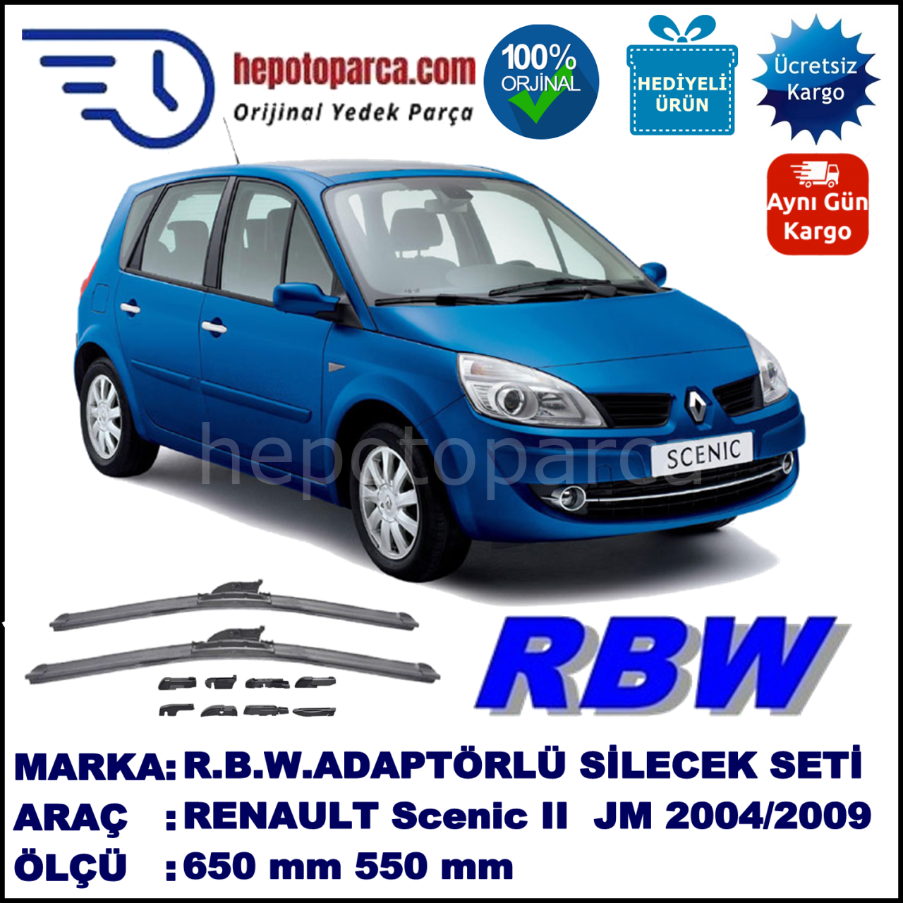 RENAULT Scenic II [JM.] 12.2004-04.2009, 650 / 550 mm.  RBW  ADAPTÖRLÜ MUZ SİLECEK SETİ