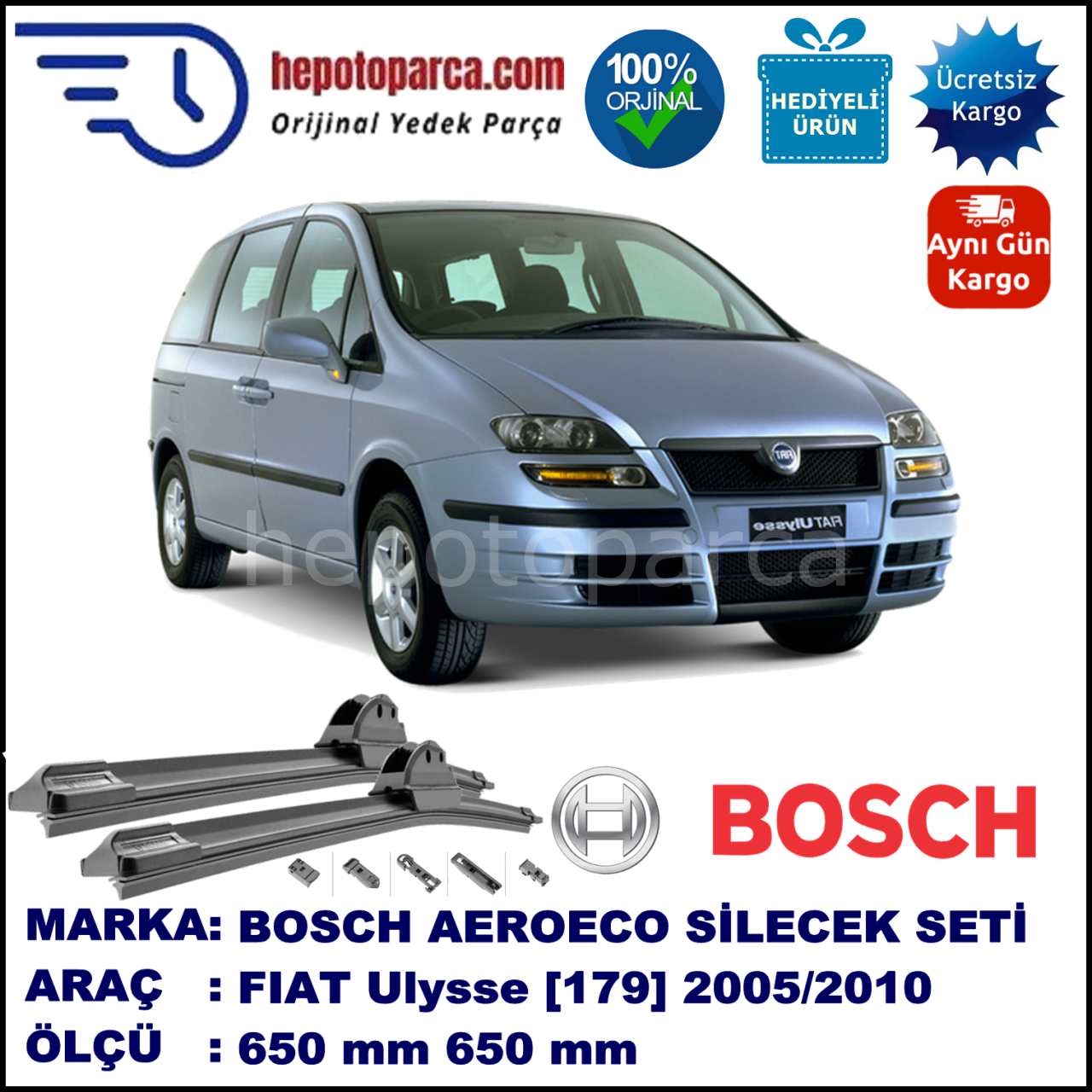 FIAT Ulysse [179..] 11.2005-12.2010, 650 / 650 mm. BOSCH AEROECO Aparatlı Muz Silecek