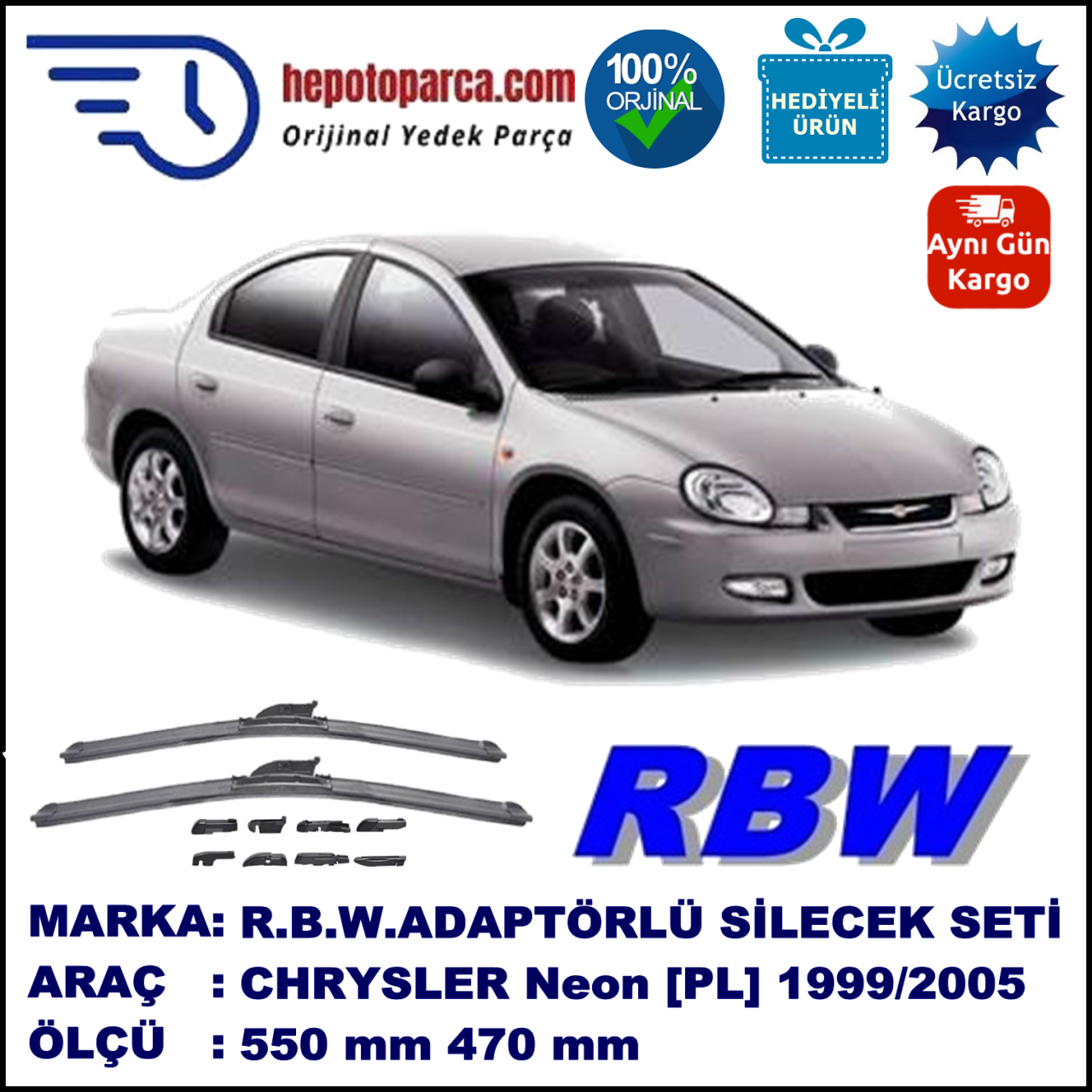 CHRYSLER Neon [PL] 09.1999-12.2005, 550 / 470 mm.  RBW  ADAPTÖRLÜ MUZ SİLECEK SETİ