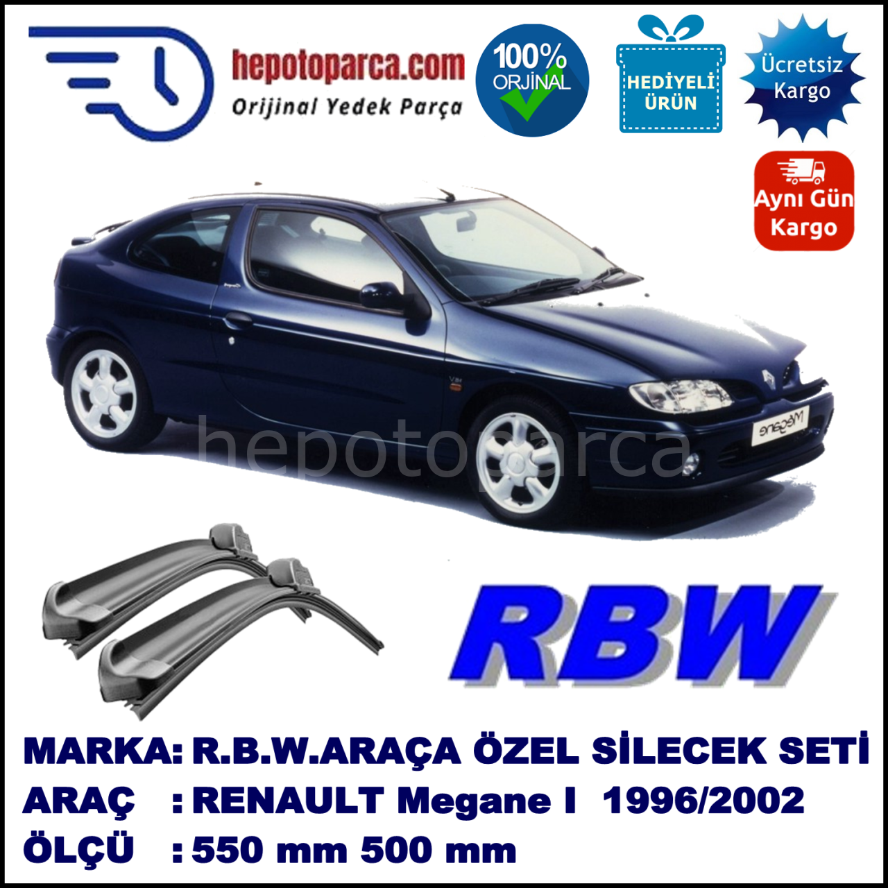RENAULT Megane I Coupé [X64] 01.96-10.02 550 / 500 mm. RBW Muz Silecek Seti  2'li Takım. U Kanca Uyumludur.