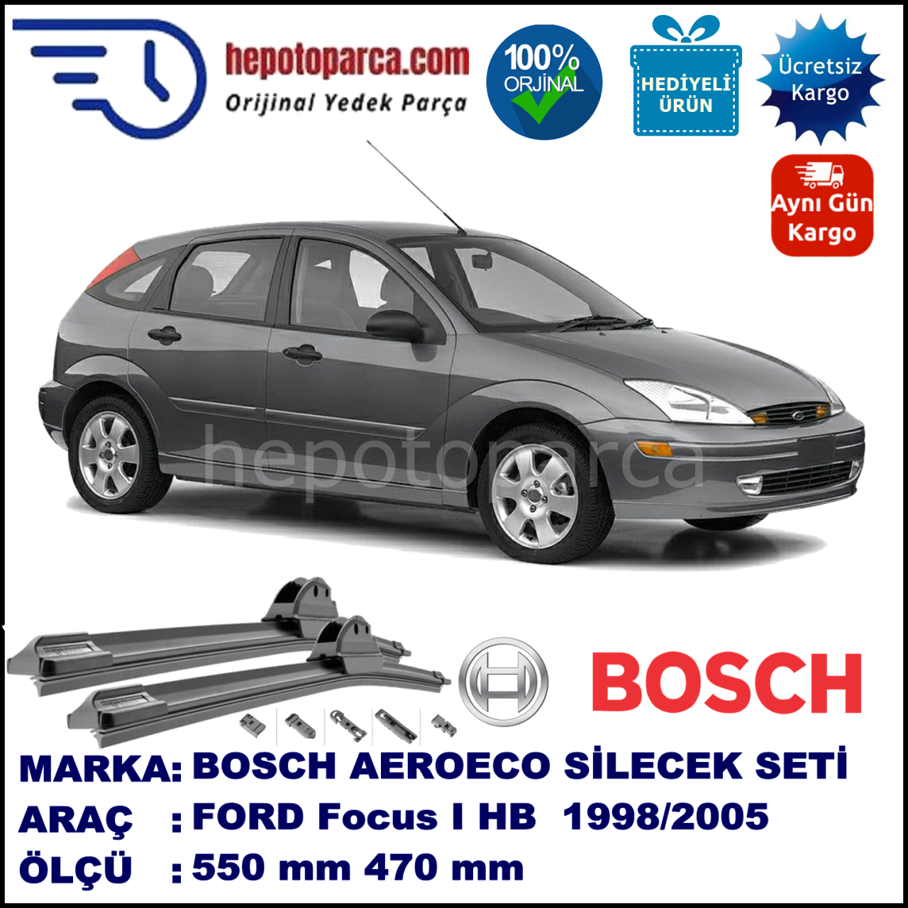 FORD Focus I  [99] 08.1998-05.2005, 550 / 470 mm. BOSCH AEROECO Aparatlı Muz Silecek