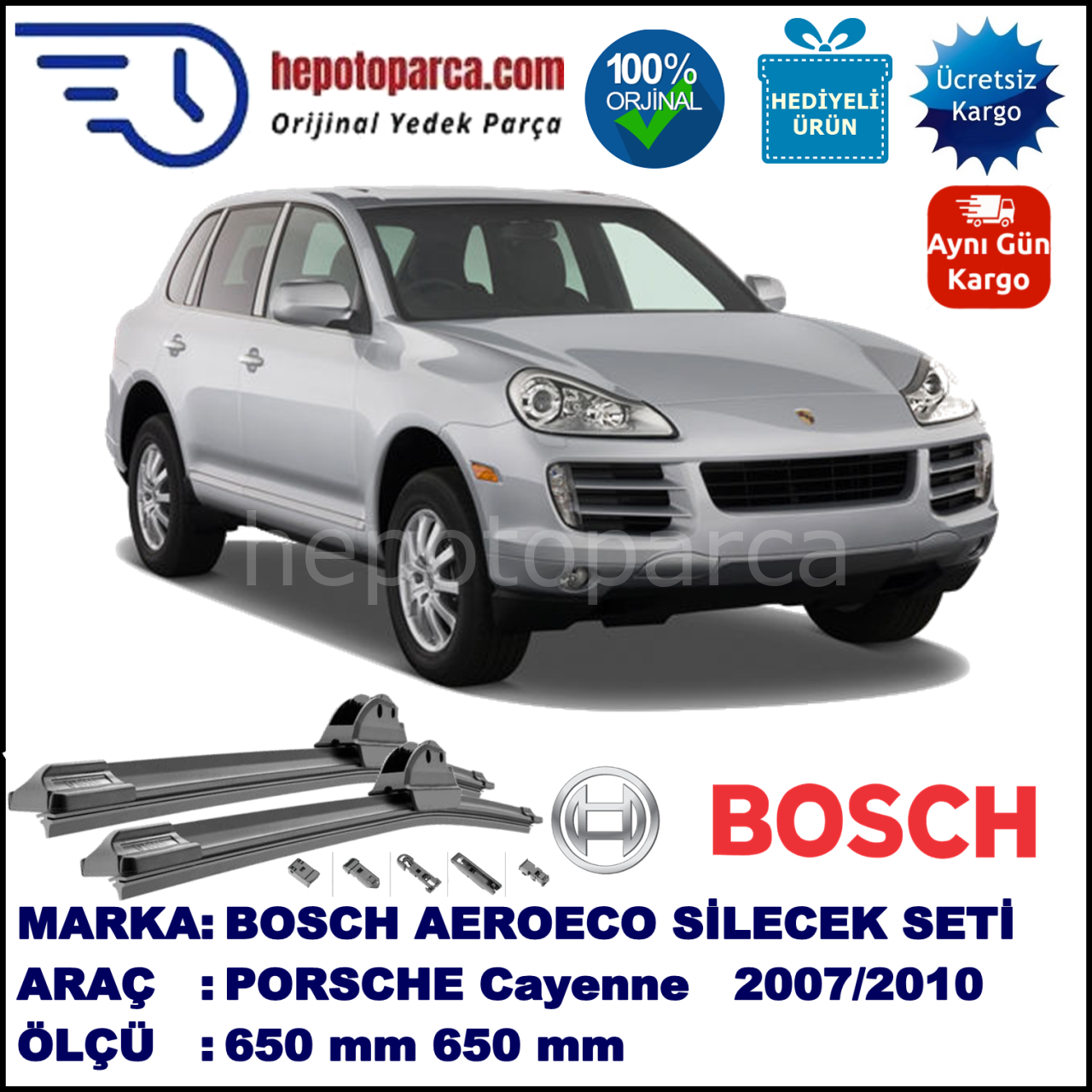 PORSCHE Cayenne [9PA] 02.2007-08.2010, 650 / 650 mm. BOSCH AEROECO Aparatlı Muz Silecek