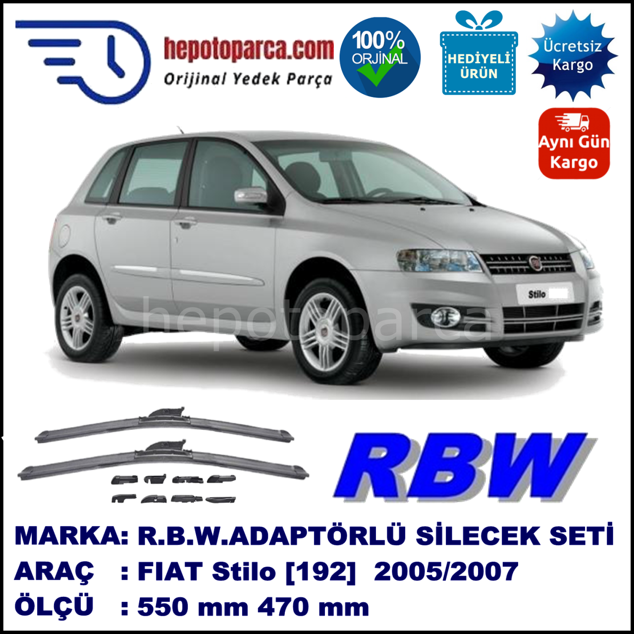 FIAT Stilo [192..] 07.2005-12.2007, 550 / 470 mm.  RBW  ADAPTÖRLÜ MUZ SİLECEK SETİ