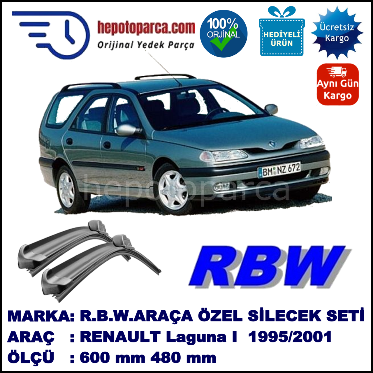 RENAULT Laguna I Grandtour [A56; K56; S56] 02.95-02.01 600 / 480 mm. RBW Muz Silecek Seti  2'li Takım. U Kanca Uyumludur.