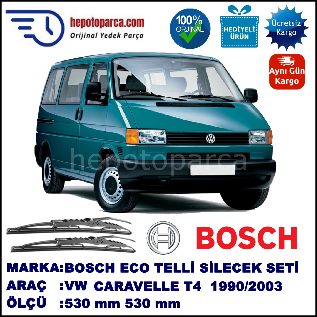 VW Caravelle T4 [70, 7D] 09.90-06.03 530 / 530 mm. BOSCH ECO Telli Silecek 2'li Takım