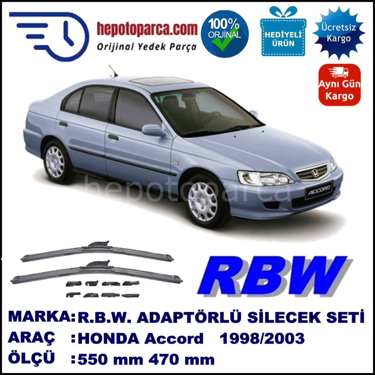 HONDA Accord Sedan [CG/CH/CL] 10.1998-02.2003, 550 / 470 mm.  RBW  ADAPTÖRLÜ MUZ SİLECEK SETİ