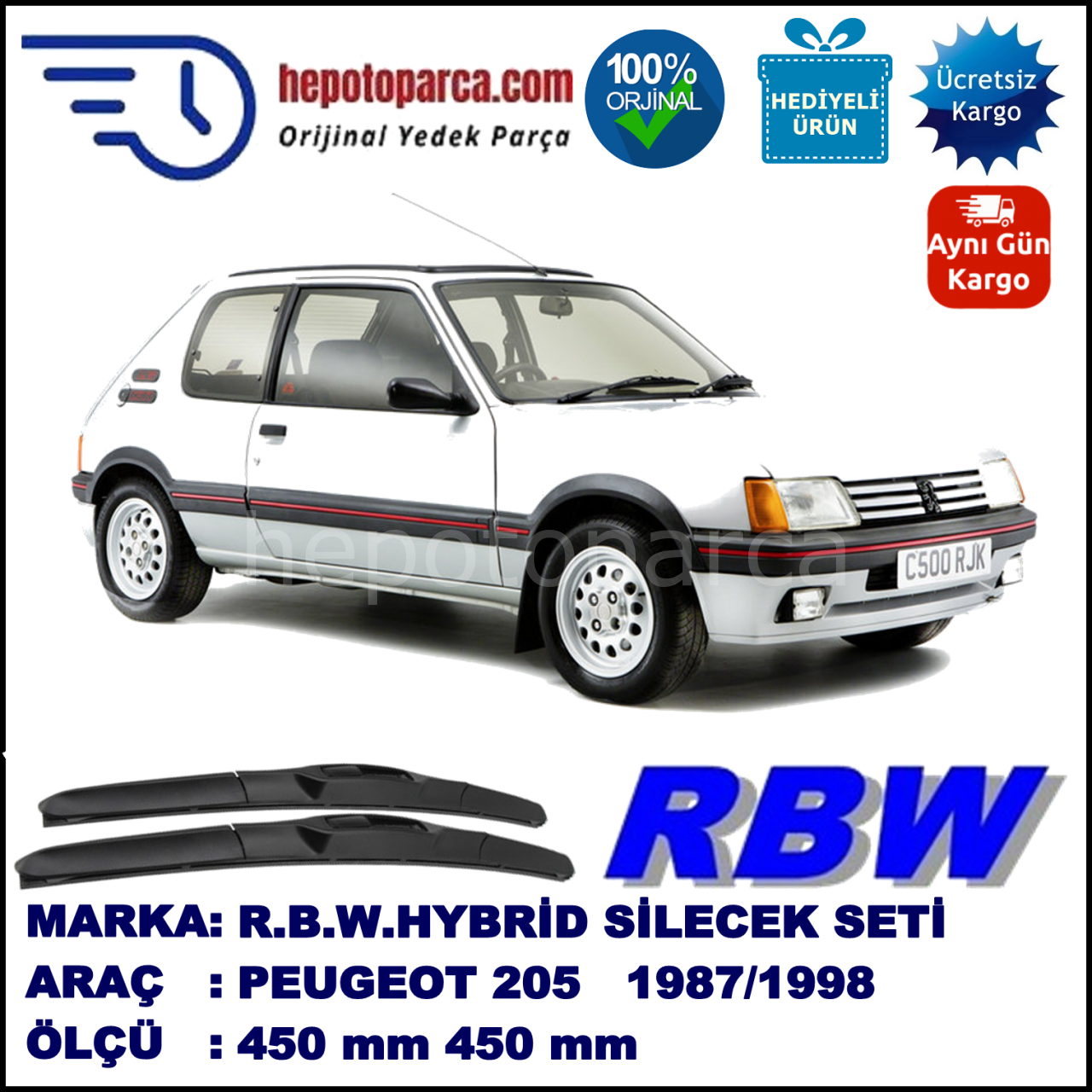 PEUGEOT 205  10.87-09.98 450 / 450 mm. RBW Hybrid Silecek Seti. U Kanca Uyumlu Hibrit