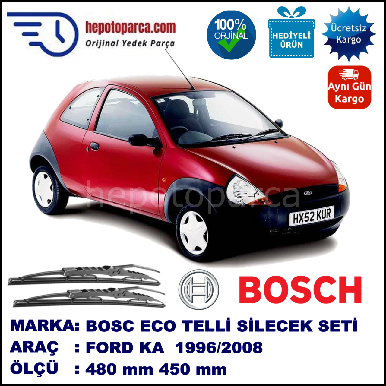 FORD Ka [97] 09.96-09.08 480 / 450 mm. BOSCH ECO Telli Silecek 2'li Takım