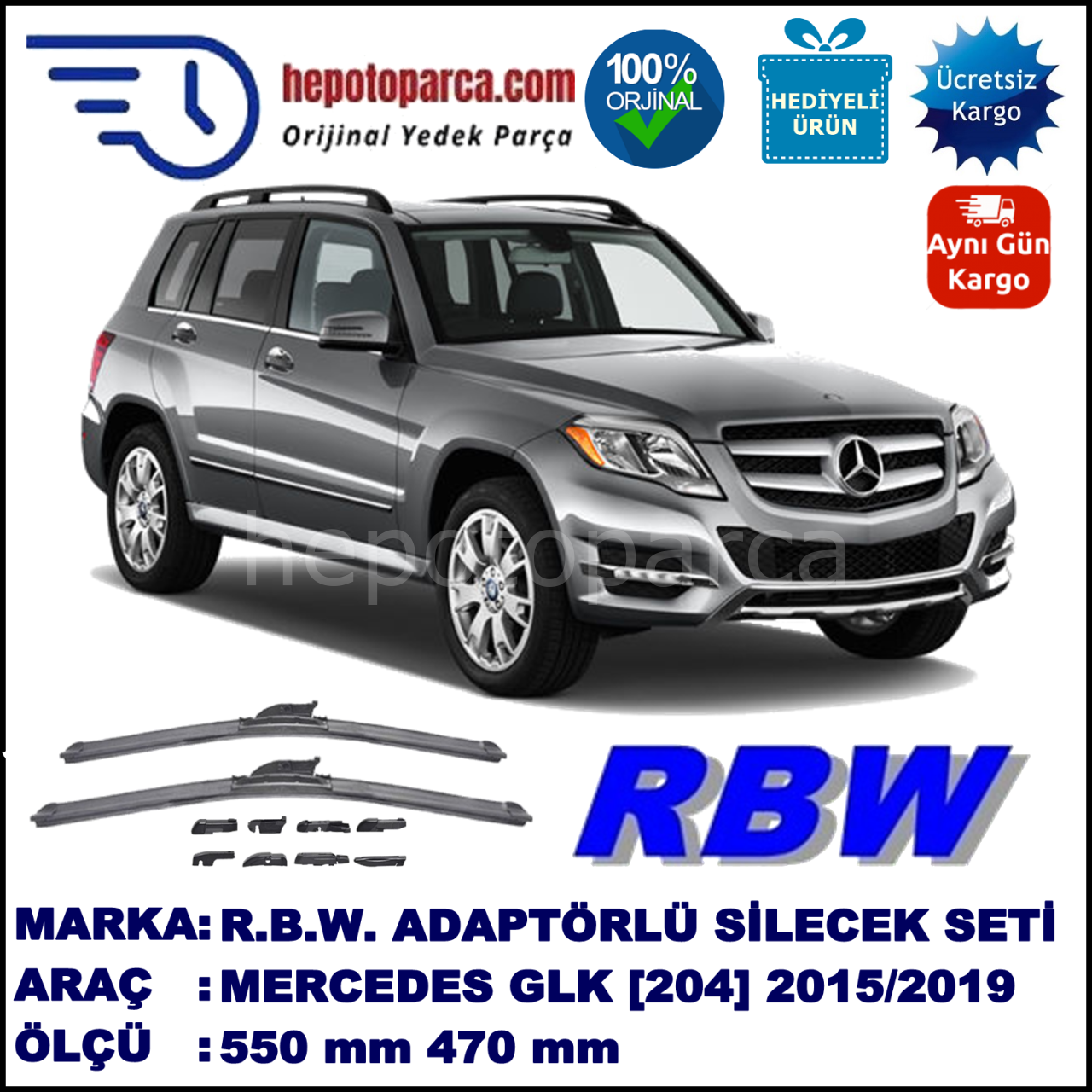 MERCEDES-BENZ Serie GLK [204] 02.2014-..., 550 / 470 mm.  RBW  ADAPTÖRLÜ MUZ SİLECEK SETİ