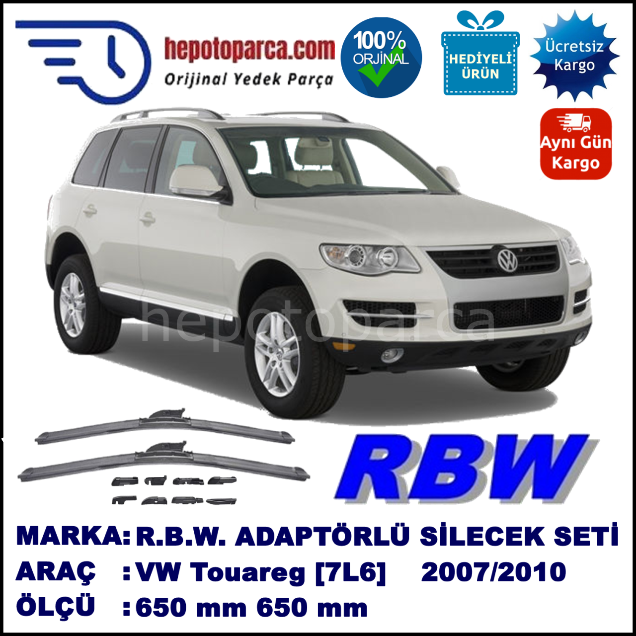 VW Touareg [7L6] 06.2007-05.2010, 650 / 650 mm.  RBW  ADAPTÖRLÜ MUZ SİLECEK SETİ