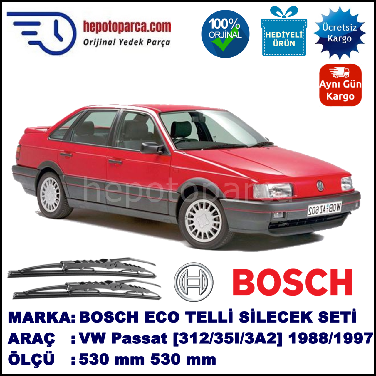 VW Passat [312/35I/3A2] 04.88-03.97 530 / 530 mm. BOSCH ECO Telli Silecek 2'li Takım