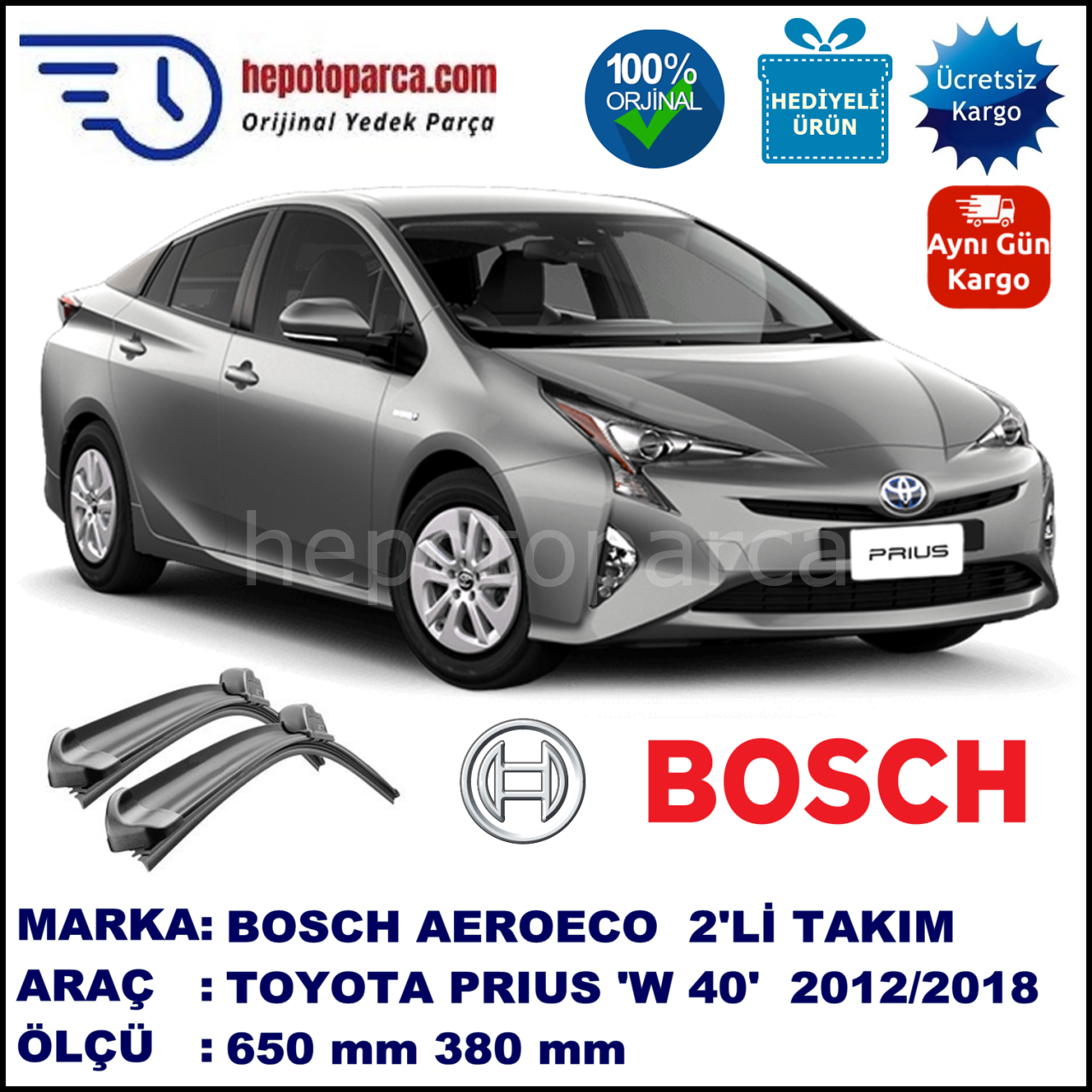 TOYOTA Prius + [W40] 03.2012-..., 650 / 380 mm. BOSCH AEROECO Aparatlı Muz Silecek