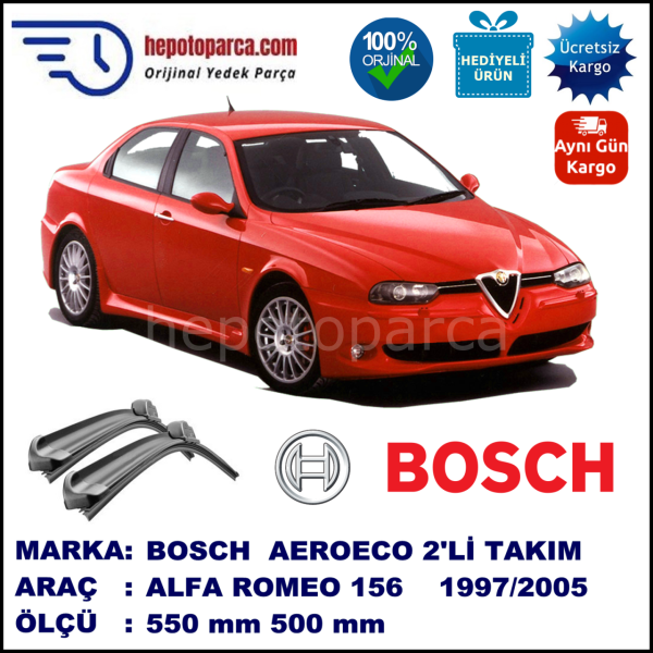 ALFA ROMEO 156 Berlina [932] 10.1997-12.2005, 550 / 500 mm. BOSCH AEROECO Aparatlı Muz Silecek