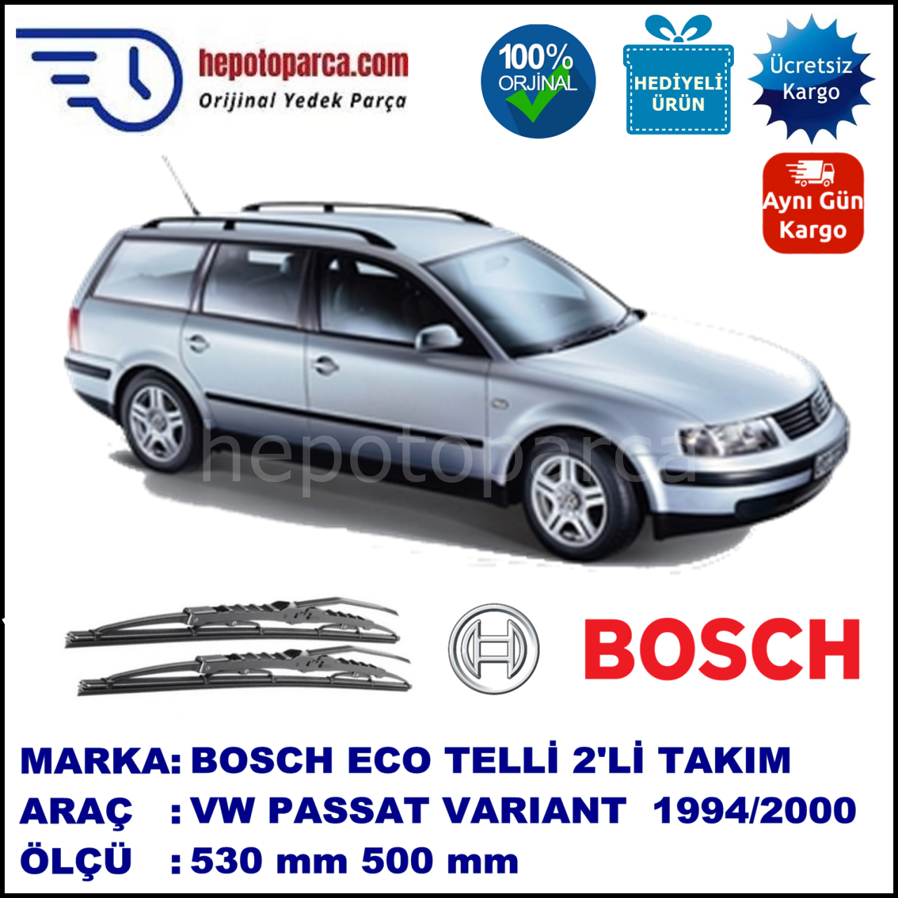 VW Passat Variant [3B5] 10.94-11.00 530 / 500 mm. BOSCH ECO Telli Silecek 2'li Takım