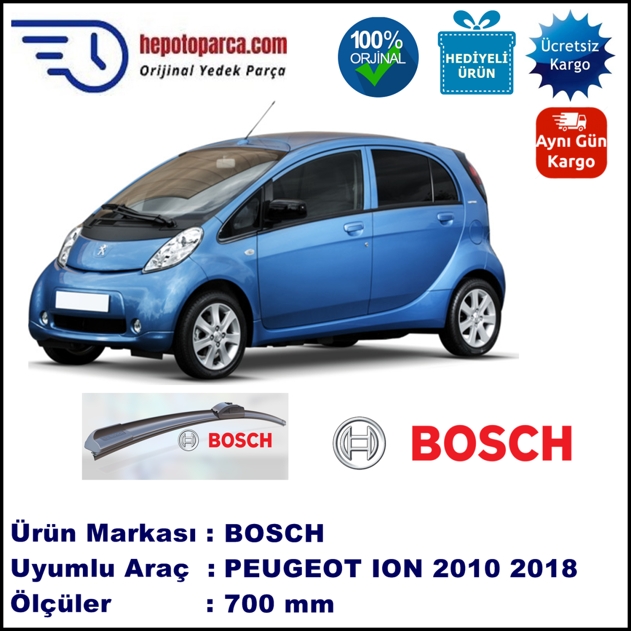 PEUGEOT ION  10.2010-..., 700 / - mm. BOSCH AEROECO Aparatlı Muz Silecek